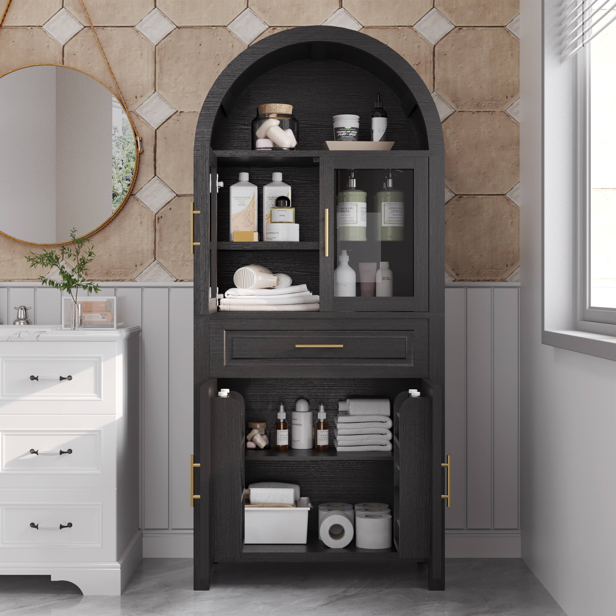 Alt View 2. Boyel Living - 71 Inch Arched Glass Door Pantry Cabinet Farmhouse Storage with Barn Door Design Black - Black.