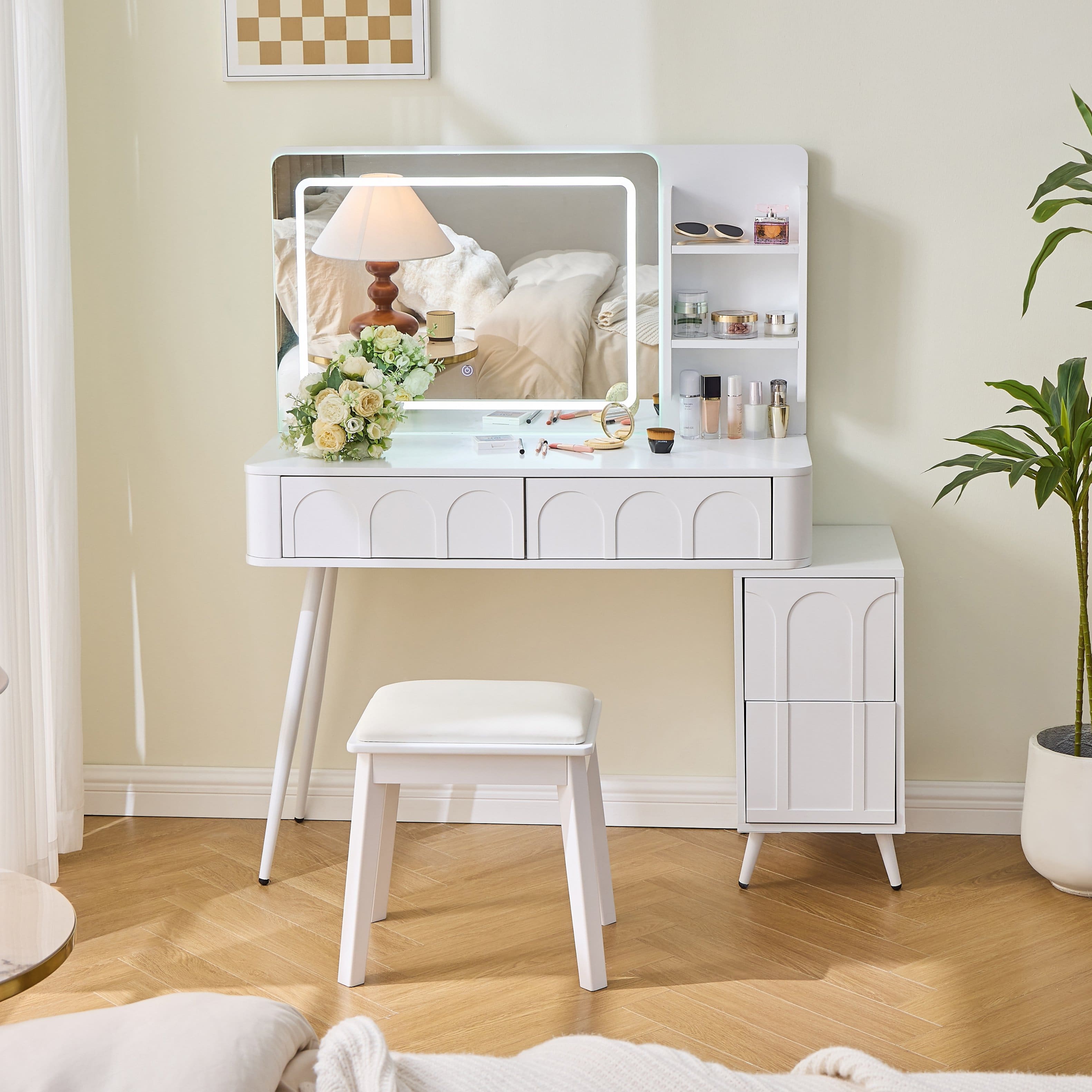 Lirago - Modern Wood Dresser Table Desk Makeup Vanities Dressing Table Set with Stool 52.5"H x 16"D x 40"W - White