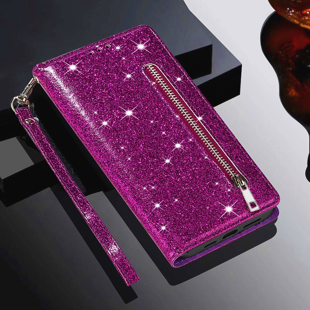 Alt View 3. Dteck - Glitter Zipper Wallet Case for Samsung Galaxy S26 Card Holder Wrist Strap Shockproof PU Leather Cover - Purple.