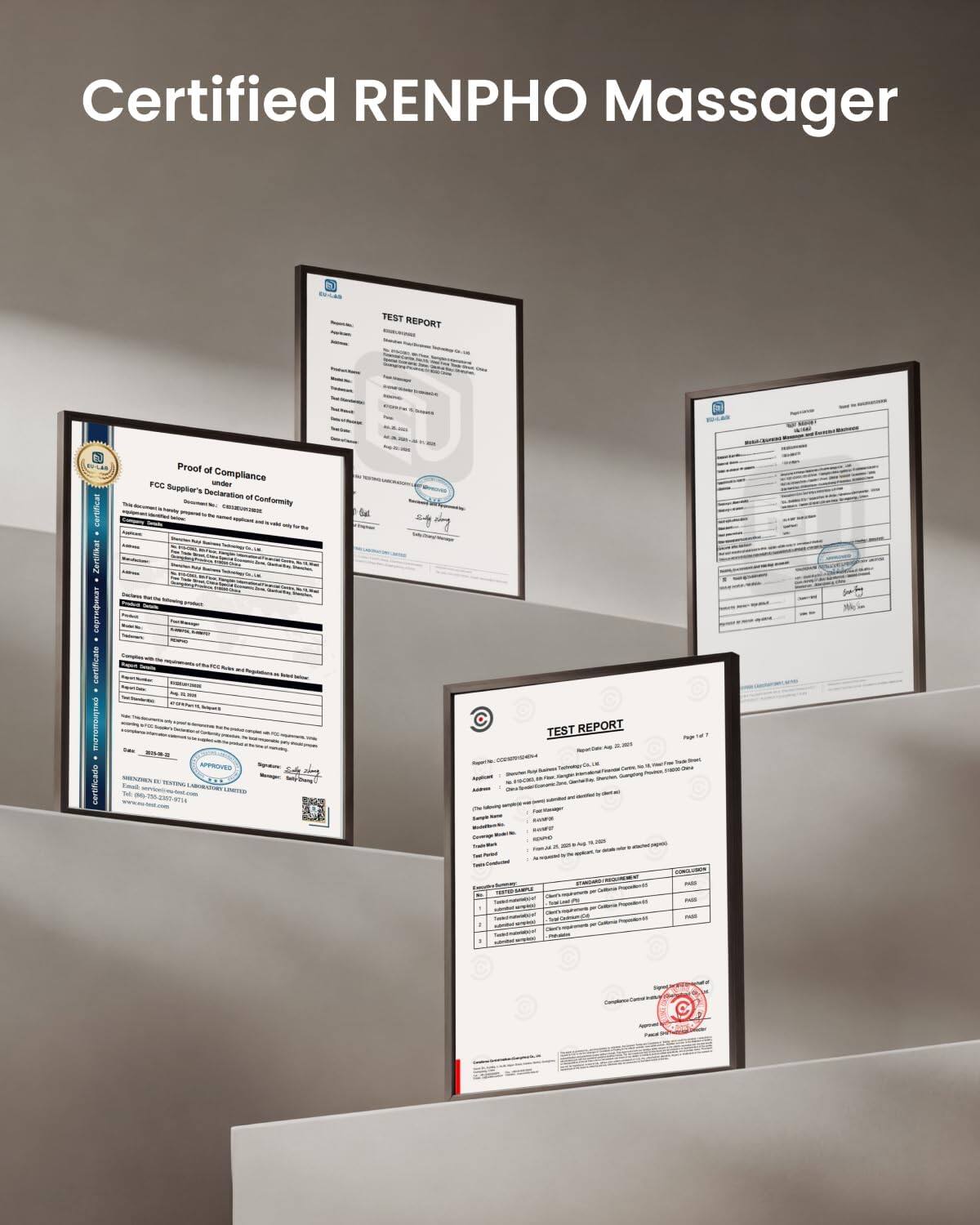 Certified RENPHO Massager TEST REPORT  
Zertifiziert und certificato mr certificado  
Proof of Compliance FGC - Supplier's Declaration - Continuity  
APPROVED