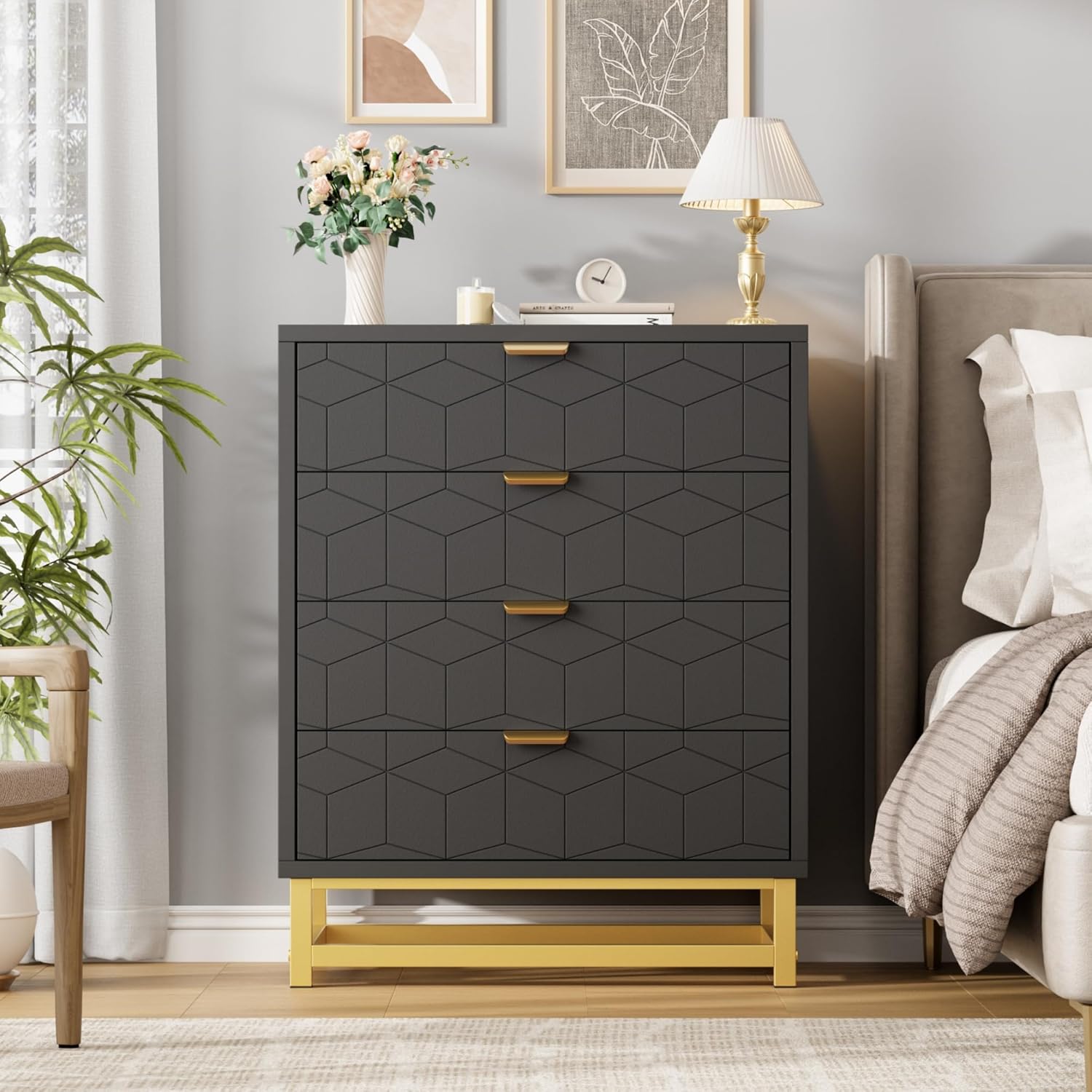 Front. Qeetex - 4 Drawer Dresser for Bedroom, Modern Chest with Gold Metal Handles, Storage for Hallway, Entryway - Black.