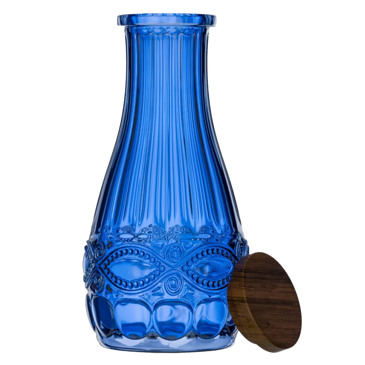 Angle. Jay Import - Blue Glass Carafe With Wood Lid 37.2 Oz - Blue.