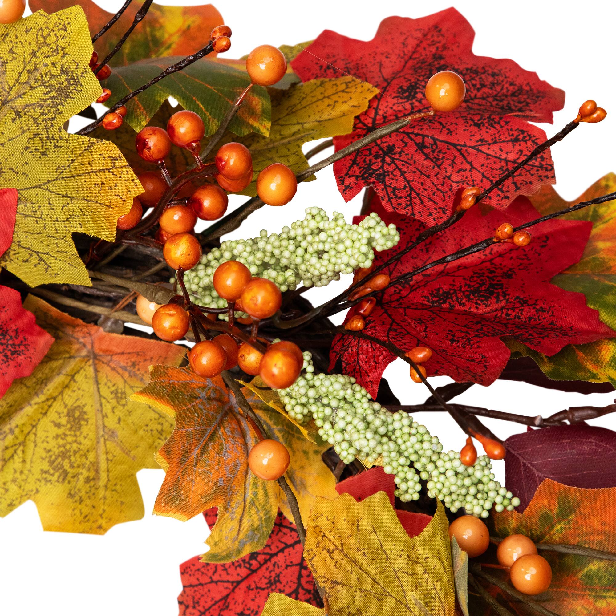 Alt View 7. Northlight - Leaves and Berries Artificial Fall Harvest Wreath - 20" - Red.