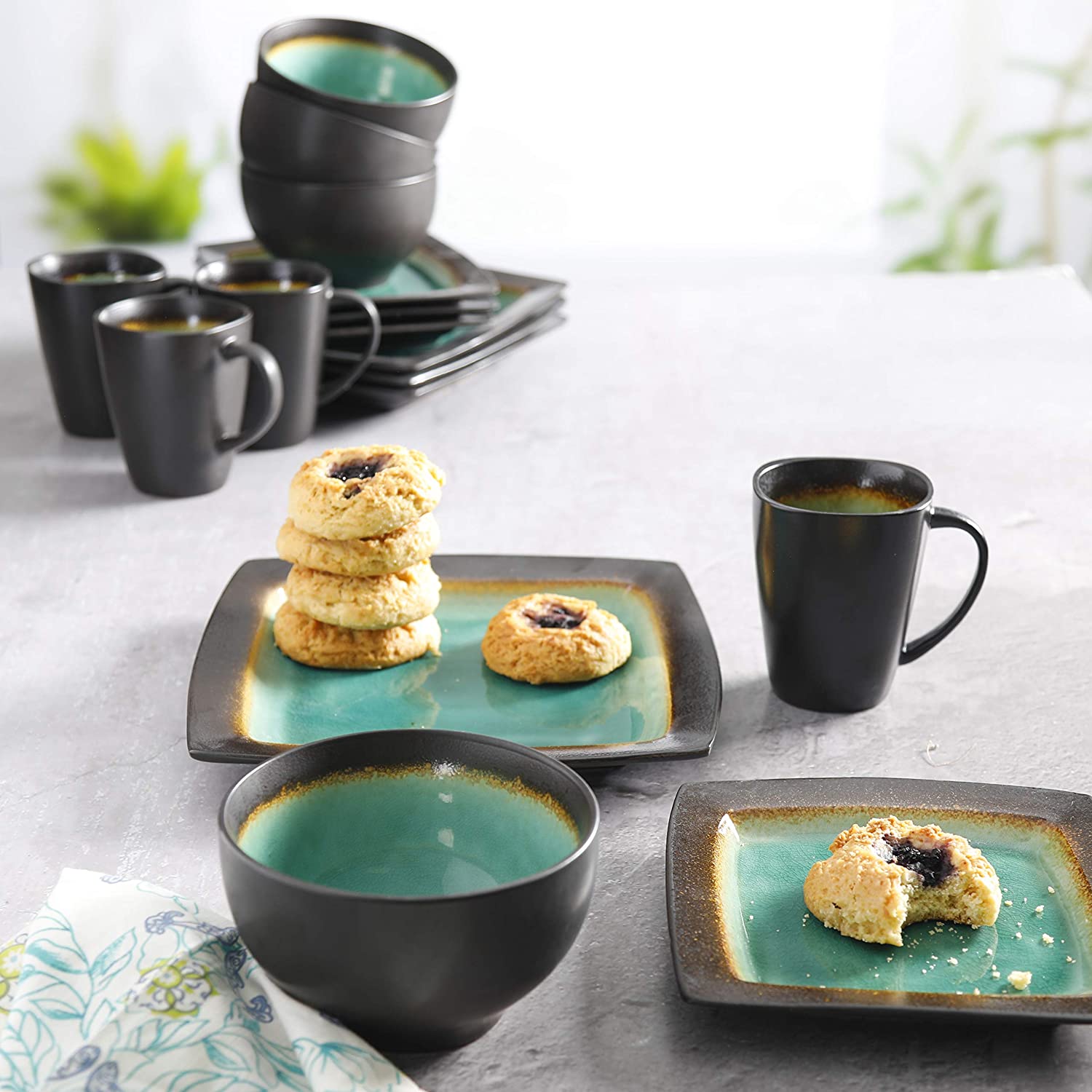Alt View 2. Gibson - Gibson Elite Ocean Paradise 16Pc Square Glazed Dinnerware Kitchen Dish Set, Jade - Jade.