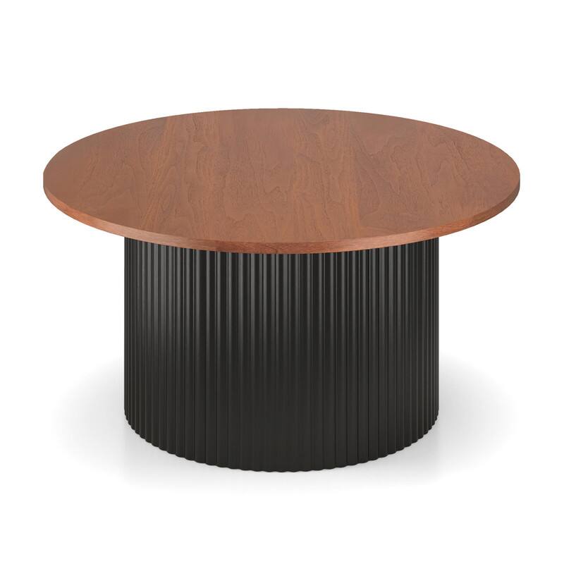 Alt View 4. WELLFOR - 32 " Modern Round Coffee Table with Solid Wood Frame and Wooden Top, Wooden Center Table for Living Room - Walnut.