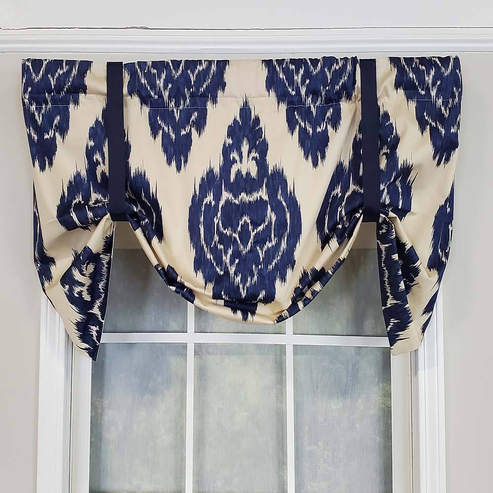 Angle. RLF Home - RLF Home Flame Large Damask Flame Design Tie-Up Window Treatment Valance 3" Rod Pocket 50" x 23" Navy Blue/Ivory - Navy blue ivory.