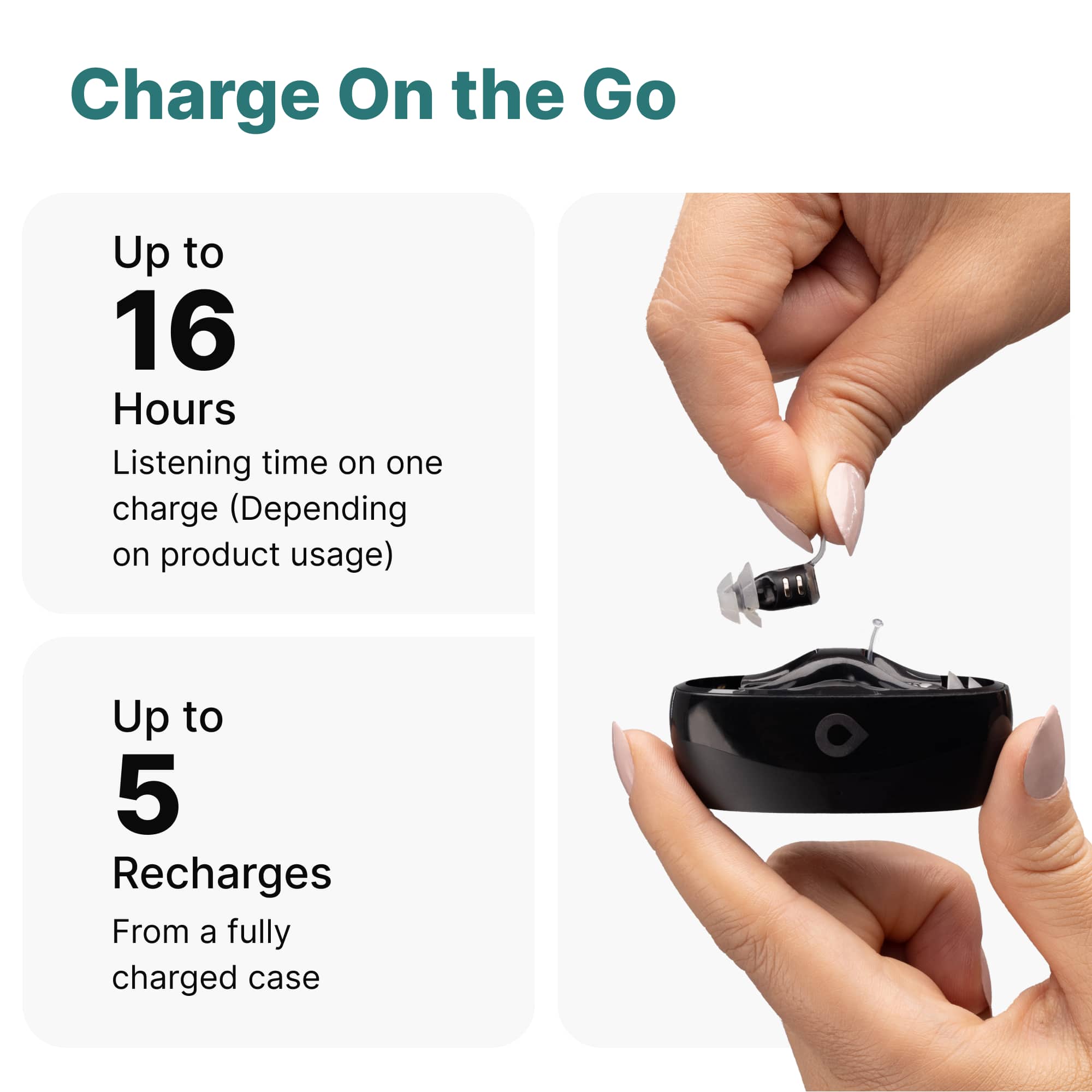Charge On the Go
Up to 16 Hours
Listening time on one charge (Depending on product usage)
Up to 5 Recharges
From a fully charged case