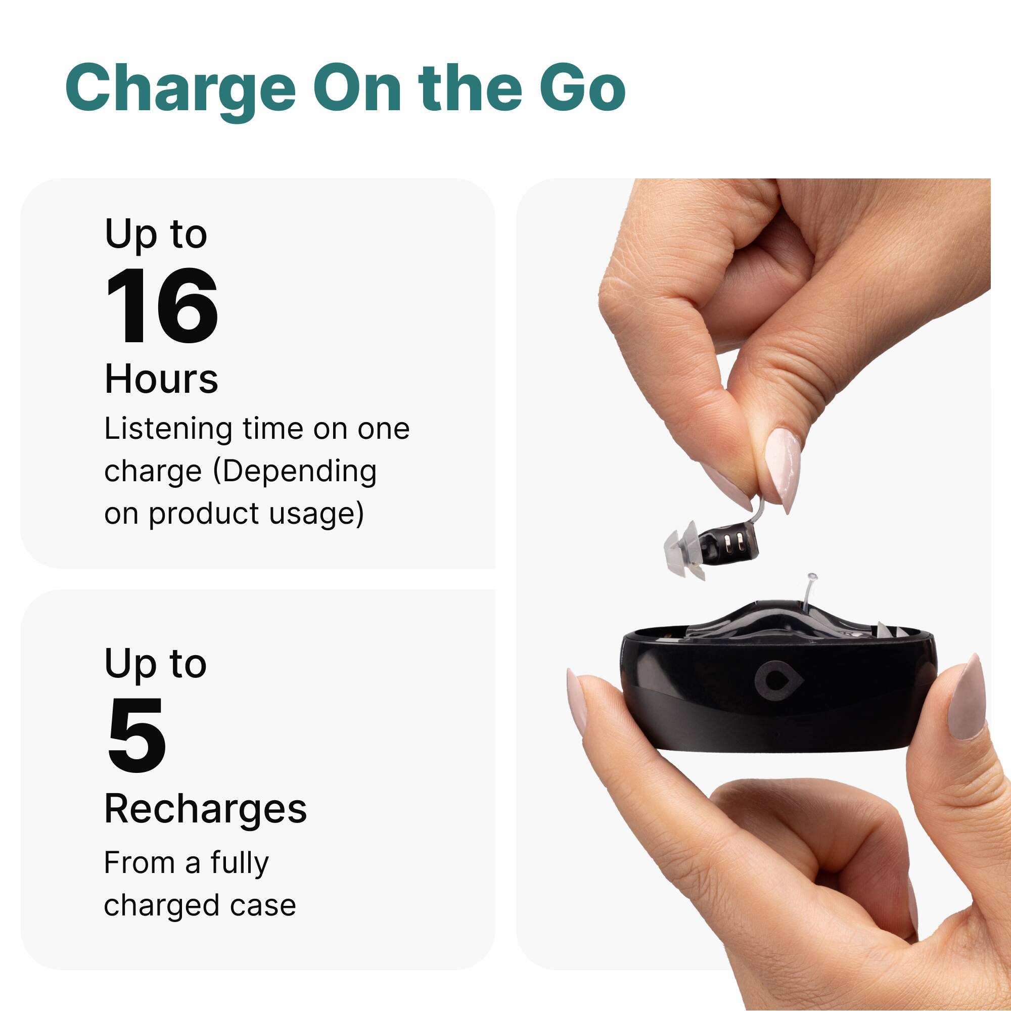 Charge On the Go

Up to 16 Hours  
Listening time on one charge (Depending on product usage)

Up to 5 Recharges  
From a fully charged case
