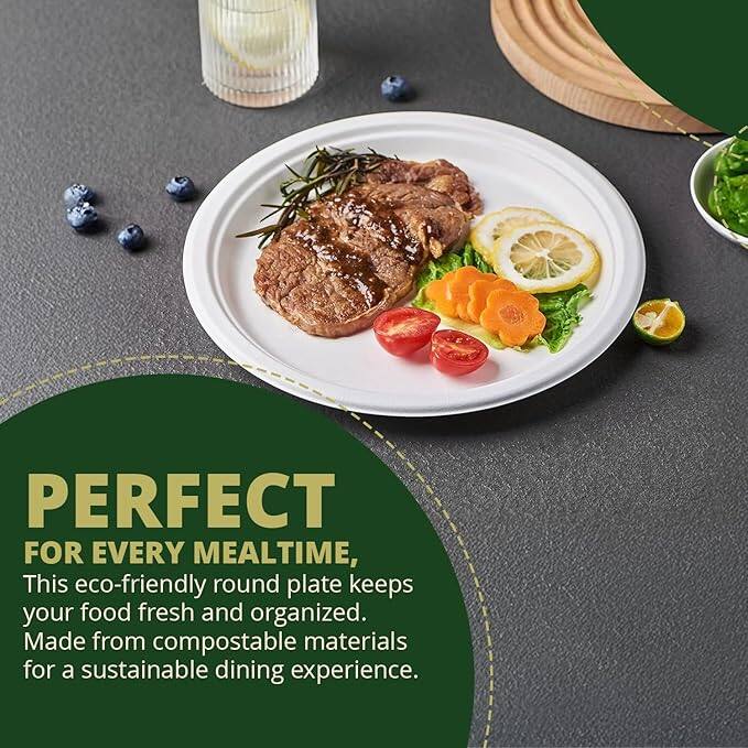 PERFECT FOR EVERY MEALTIME,  
This eco-friendly round plate keeps your food fresh and organized. Made from compostable materials for a sustainable dining experience.