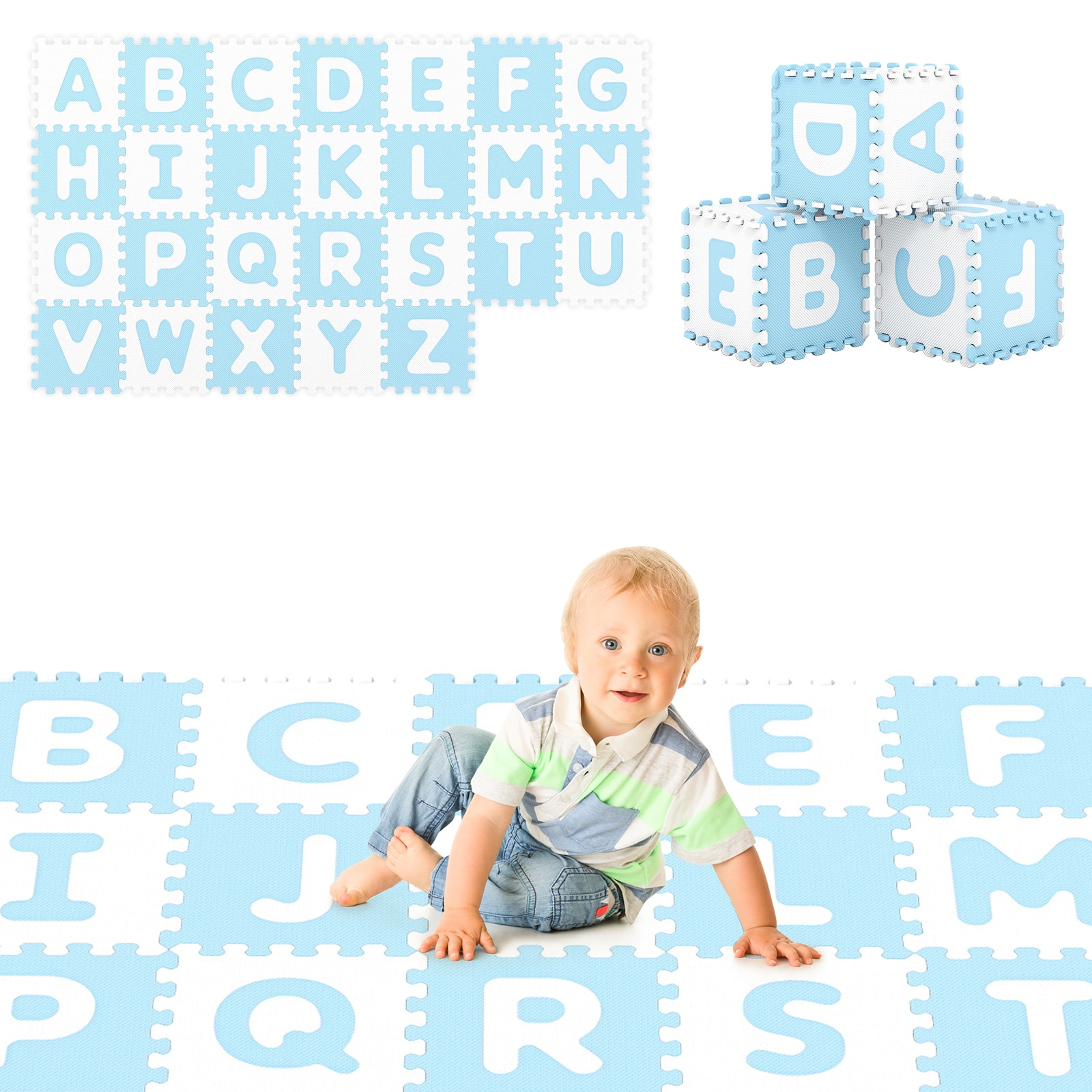 Gymax - 26 PCS 12 5'' x 12 5'' Interlocking ABC Play Mats w/Detachable Letters for Kids White - Blue