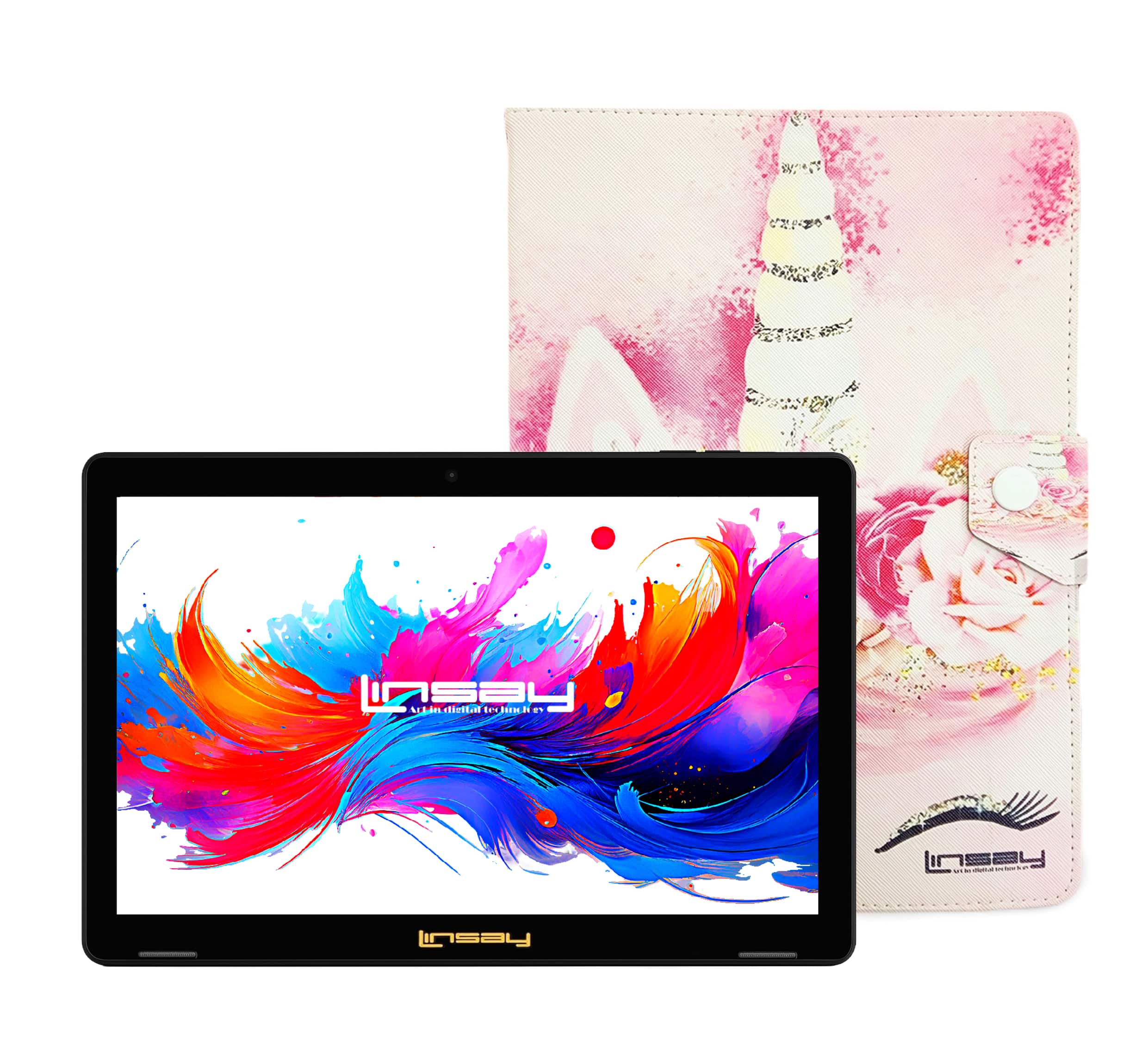 LINSAY - 10.1"Octa Core 256GB Storage Android 15 Tablet with Unicorn Shape Case - Pink