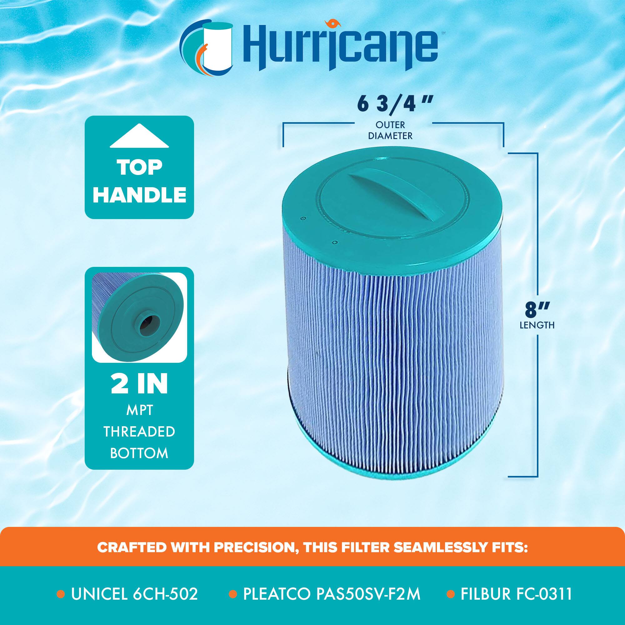 Hurricane

6 3/4" OUTER DIAMETER

TOP HANDLE

8" LENGTH

2 IN MPT THREADED BOTTOM

CRAFTED WITH PRECISION, THIS FILTER SEAMLESSLY FITS:

- UNICEL 6CH-502
- PLEATCO PAS50SV-F2M
- FILBUR FC-0311