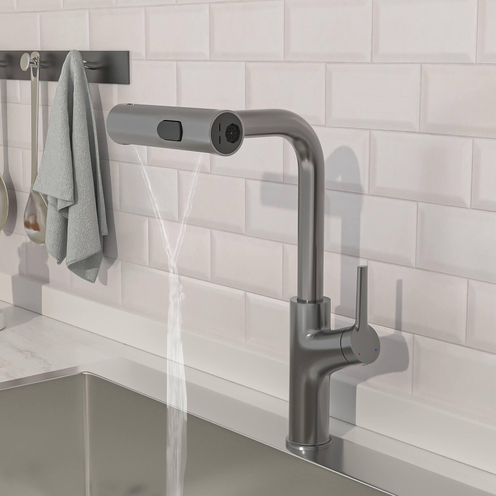 Back. Lordear - Gunmetal Black 360° Pull-Down Kitchen Faucet with 4 Spray Modes - Gunmetal Black.