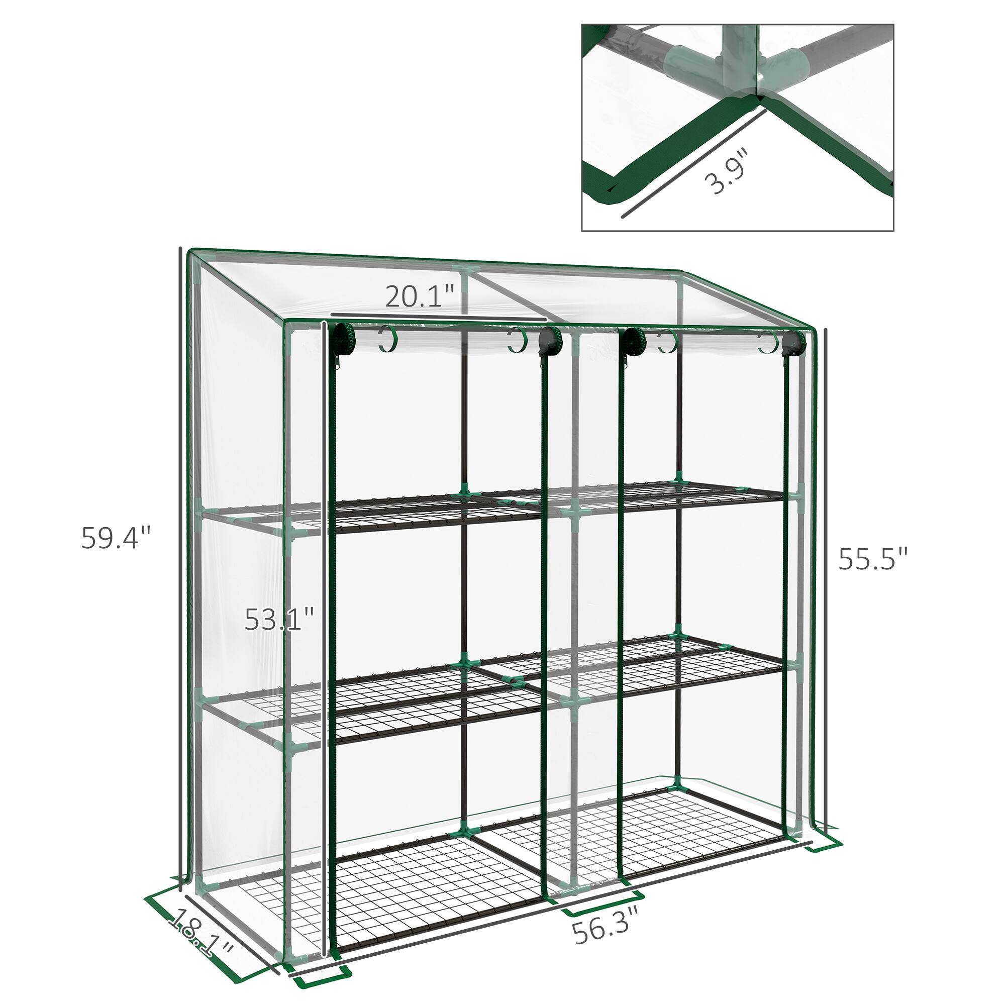 Alt View 2. Outsunny - Lean-to Greenhouse with 3 Tier Shelves, 56.3" x 18.1" x 59.4" Portable Small Greenhouse with 2 Roll-Up Zippered Doors.