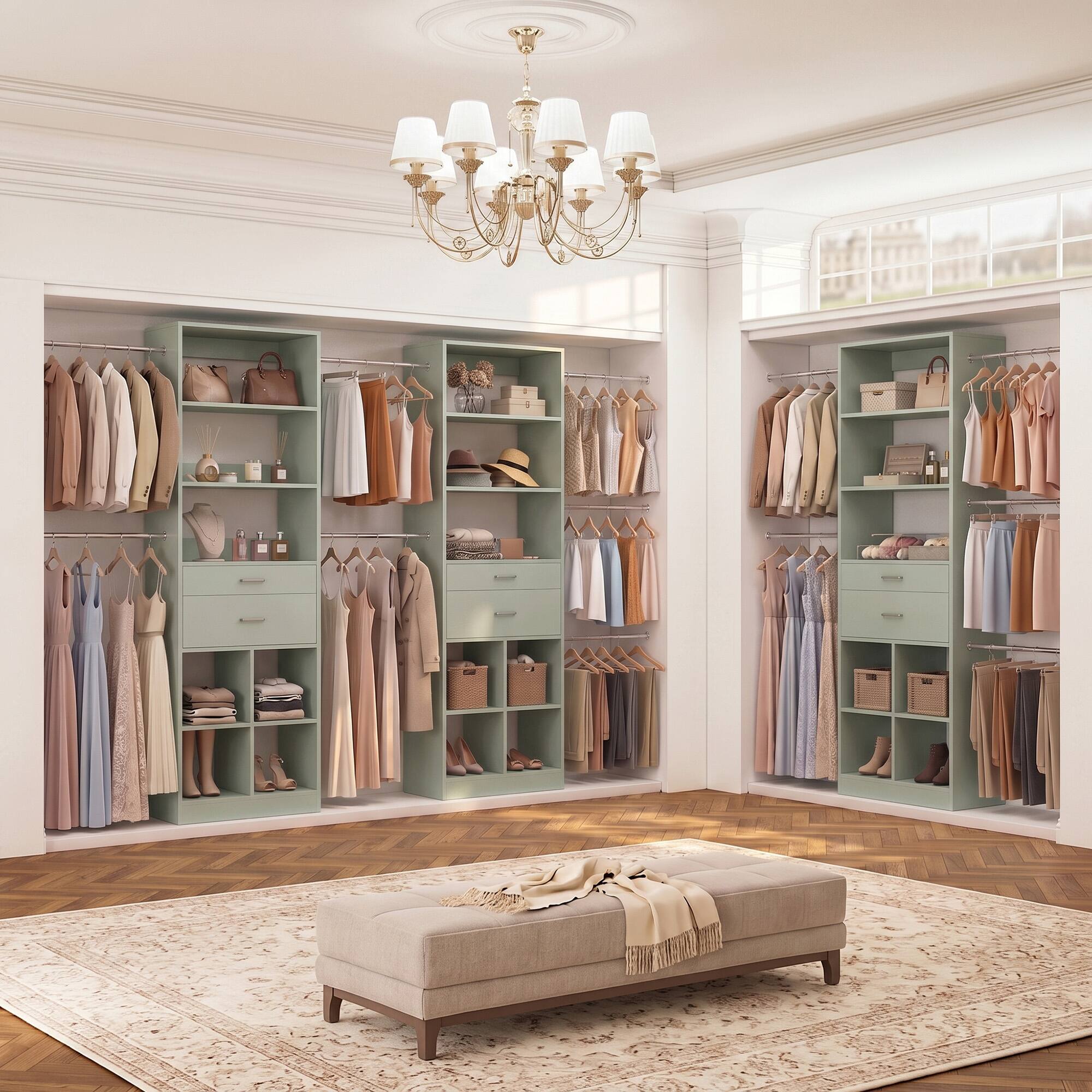 Alt View 4. Aheaplus - Small Closet System, 3.2-6.8FT Adjustable Closet Organizer with 2 Drawers & 5 Hanging Rods - Cyan.