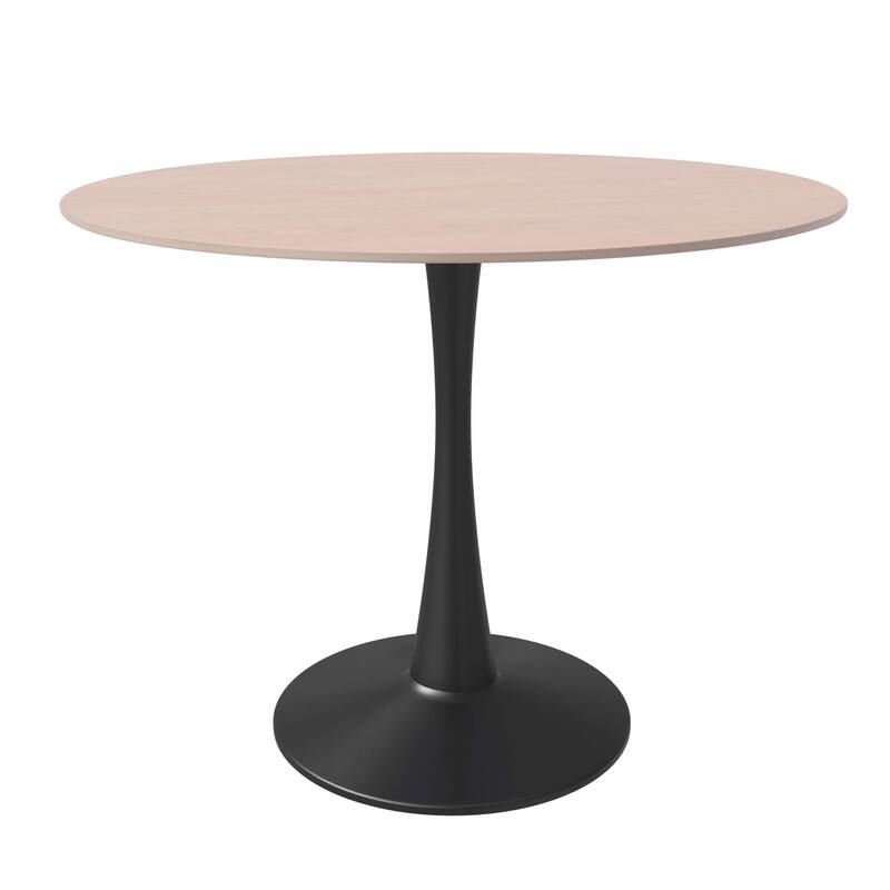 LeisureMod - Bristol 35 in. Round MDF Wood Dining Table in Stainless Steel Pedestal Base Modern Kitchen Table - Black/Natural Wood