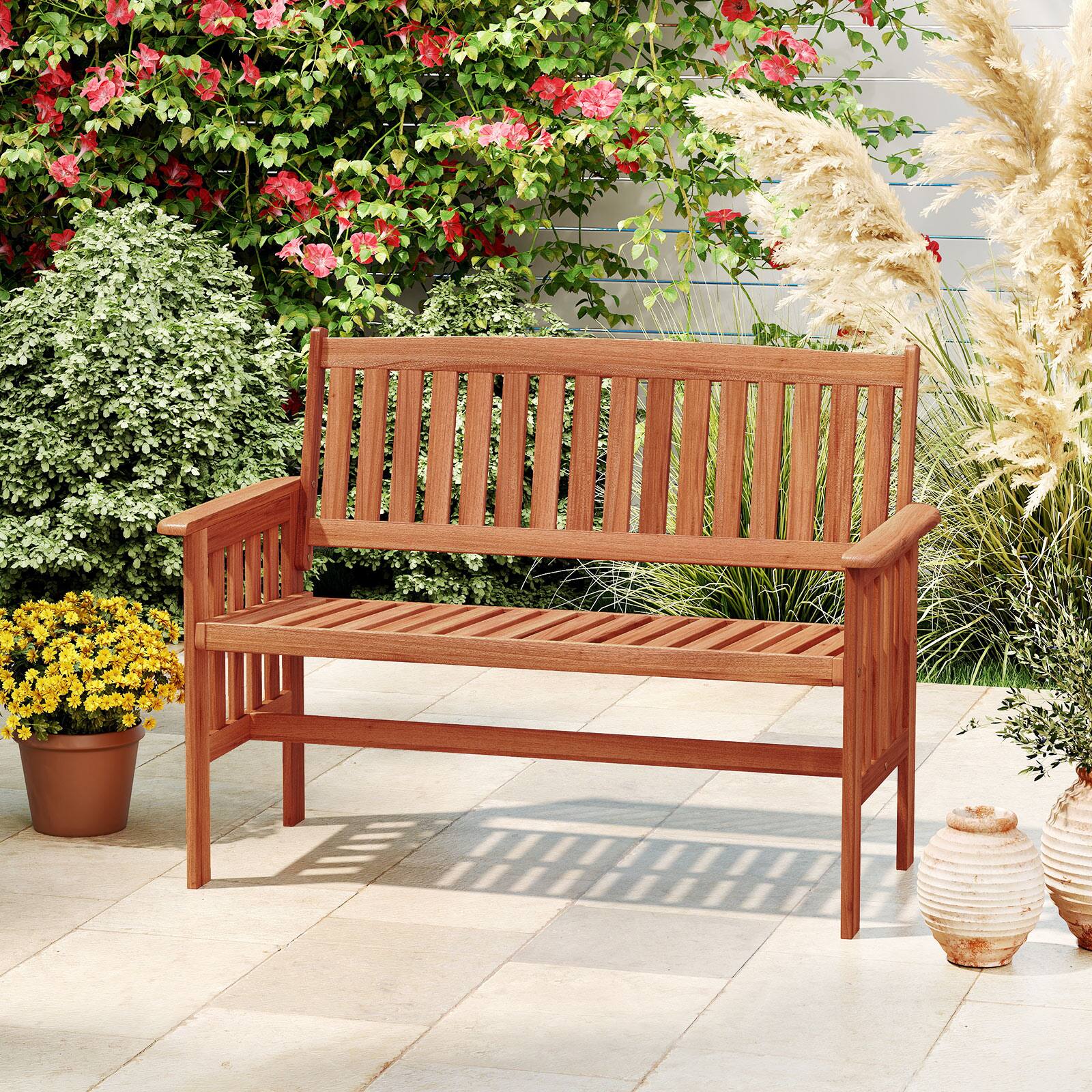 Alt View 1. Gymax - Gymax Outdoor Wood Garden Bench w/Backrest Armrests & Slatted Seat for Front Porch - Yellow.