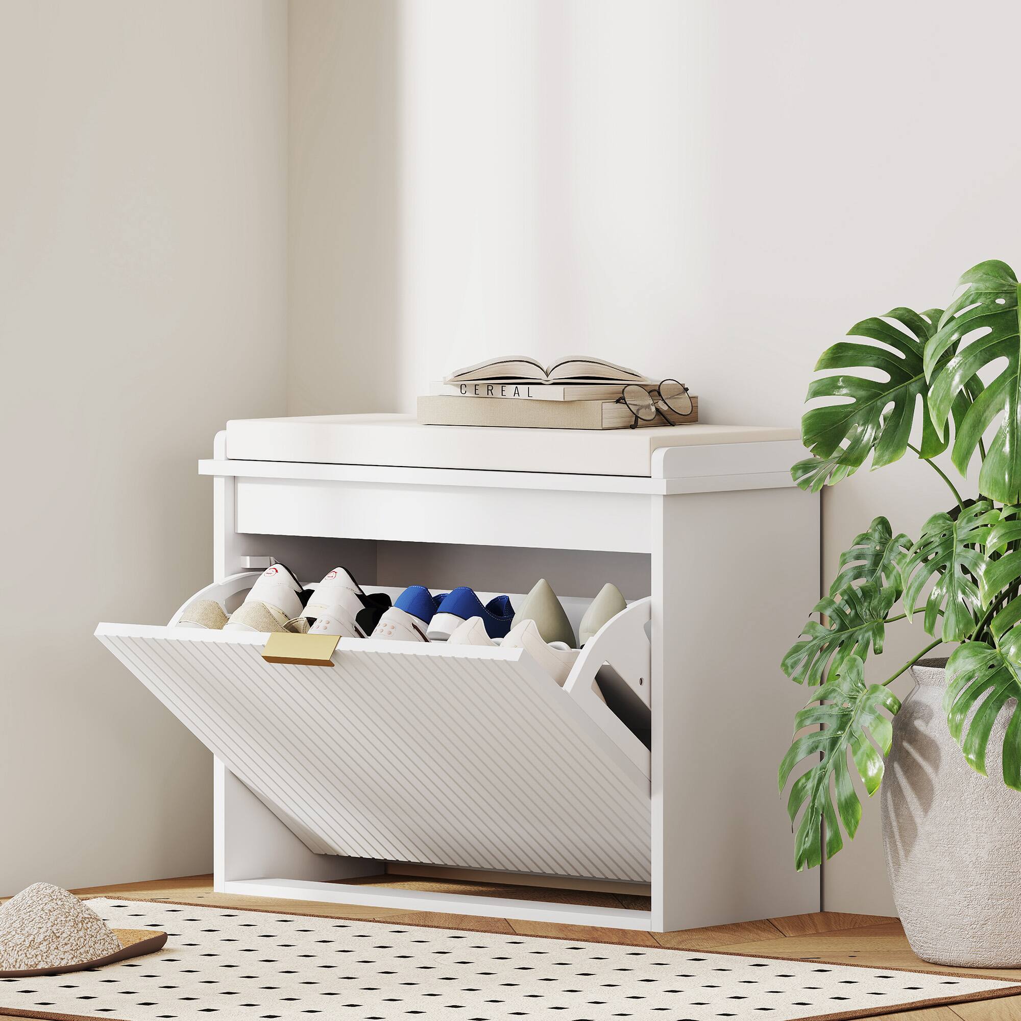 Alt View 1. Homcom - Storage Bench with Padded Seat Cushion and Flip-Drawer, Entryway Bench, Shoe Cabinet - White.