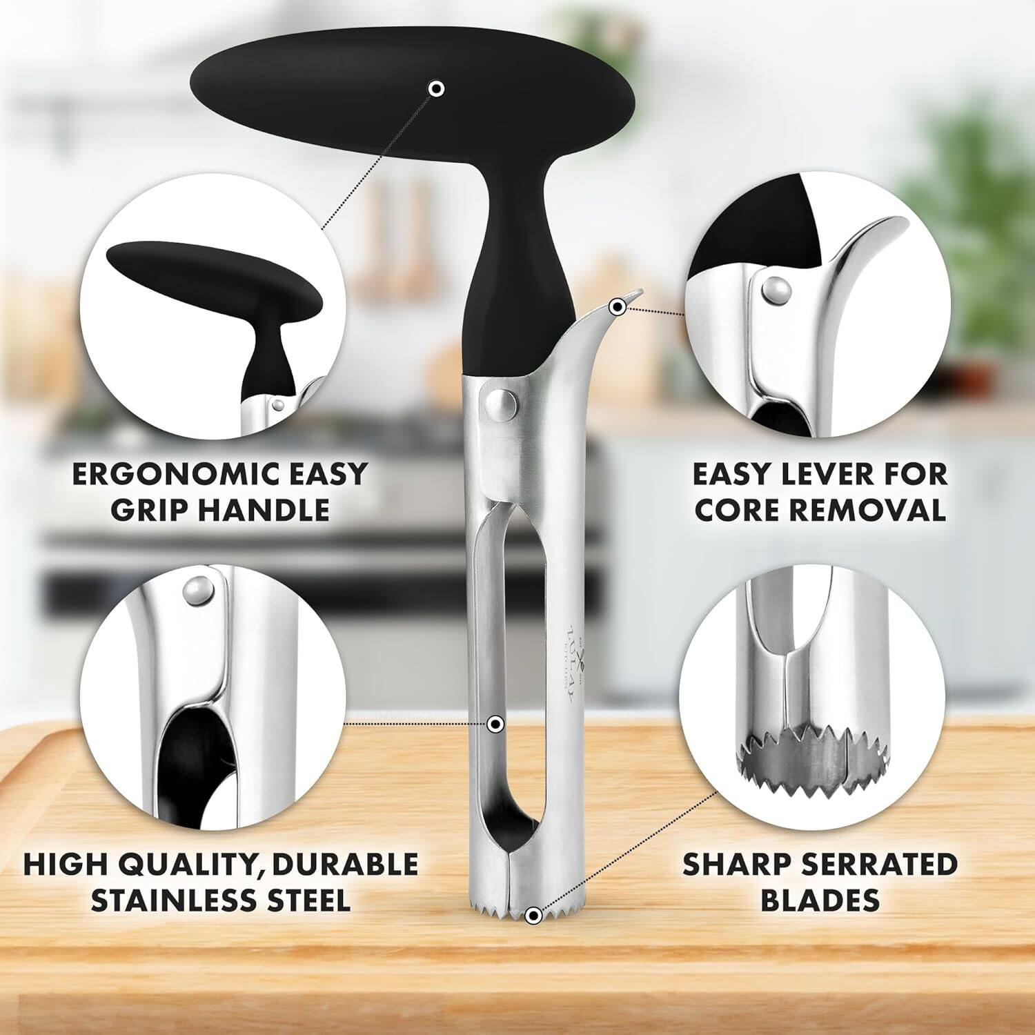 - Ergonomic Easy Grip Handle
- Easy Lever for Core Removal
- High Quality, Durable Stainless Steel
- Sharp Serrated Blades