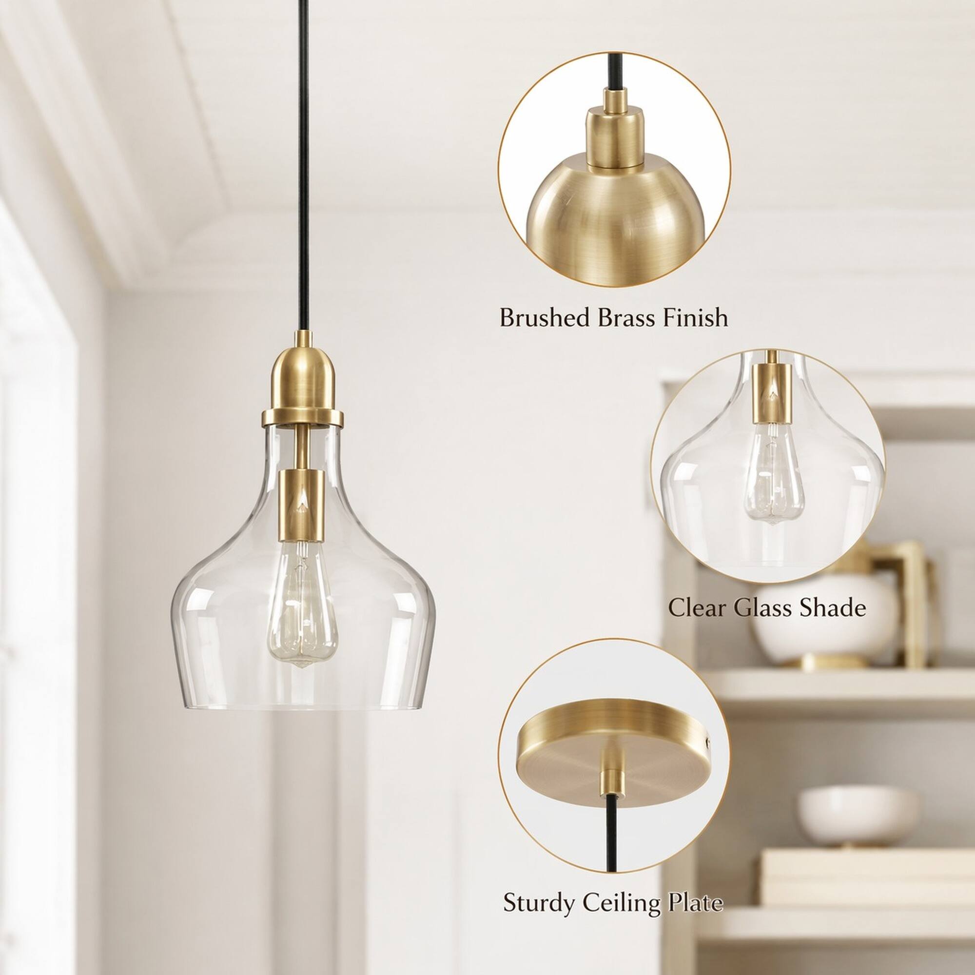 Brushed Brass Finish  
Clear Glass Shade  
Sturdy Ceiling Plate
