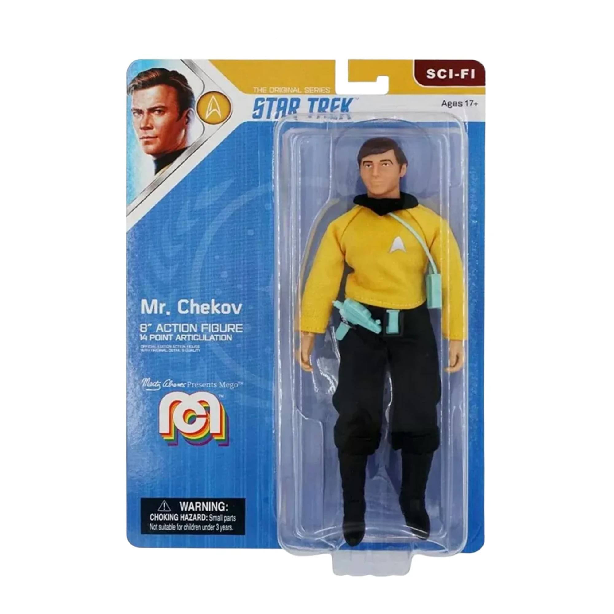 A: THE ORIGINAL SERIES STAR TREK SCI-FI Ages 17+ Mr. Chekov 8" ACTION FIGURE 14 POINT ARTICULATION Plat ahews Presents Mego" WARNING: CHOKING HAZARD: Small parts Not suitable for children under 3 years.