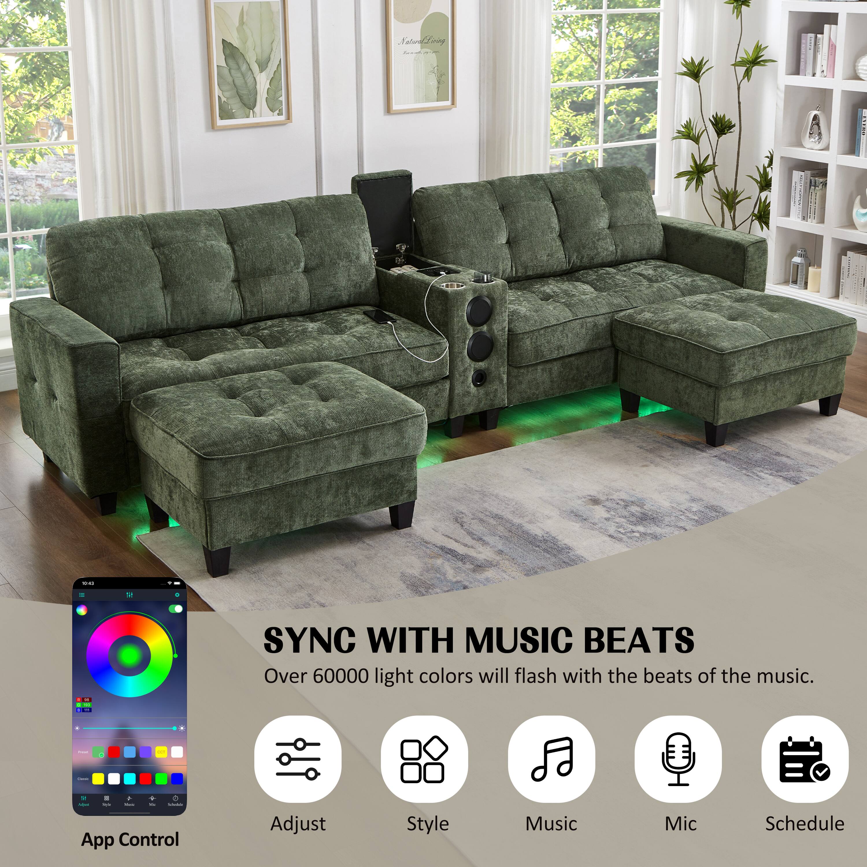 SYNC WITH MUSIC BEATS  
Over 60000 light colors will flash with the beats of the music.  

App Control  
Adjust Style  
Music  
Mic  
Schedule