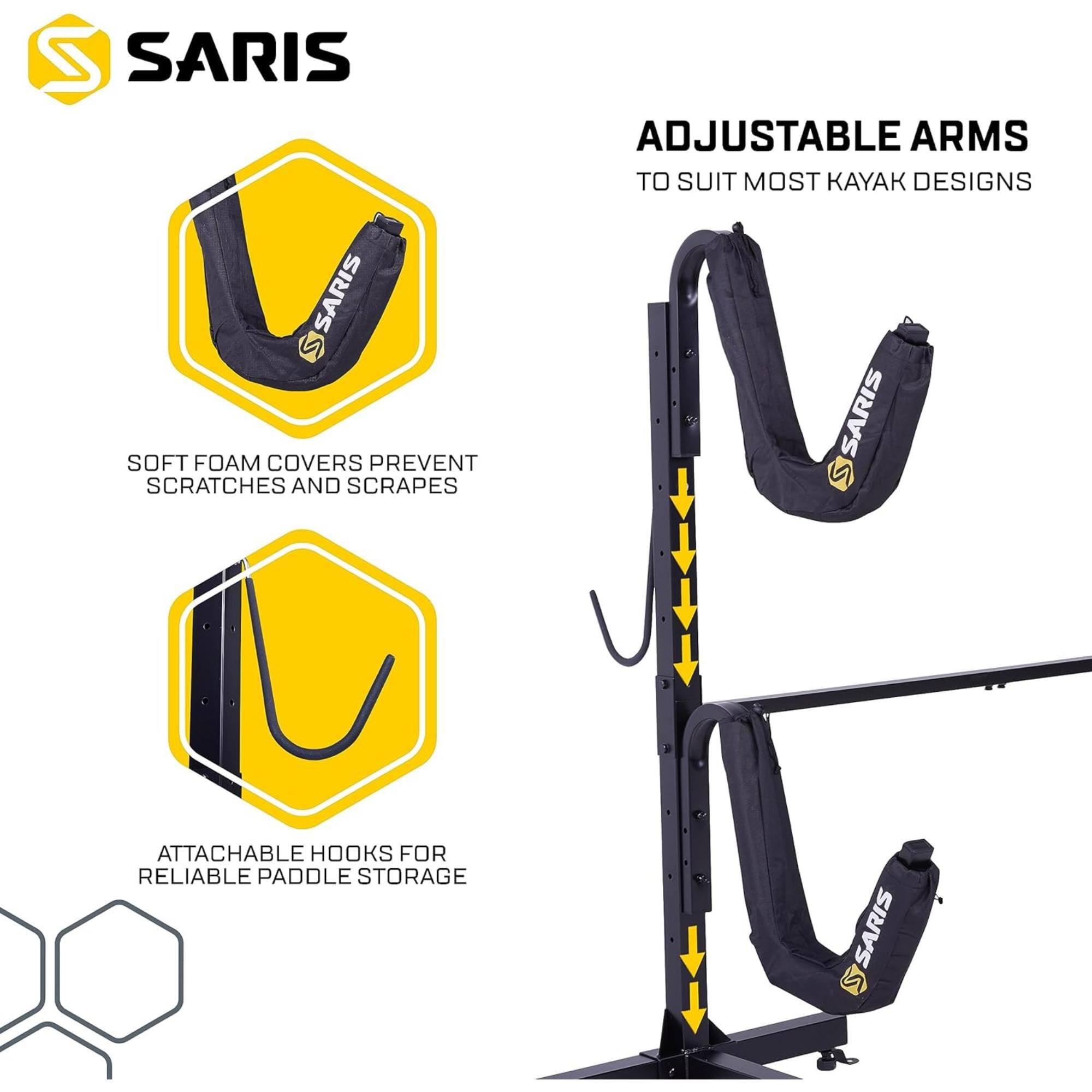 S SARIS ADJUSTABLE ARMS TO SUIT MOST KAY DESIGNS SARIS a SOFT FOAM COVERS PREVENT SCRATCHES AND SCRAPES SARIS  ATTACHABLE HOOKS FOR RELIABLE PADDLE STORAGE SARIS