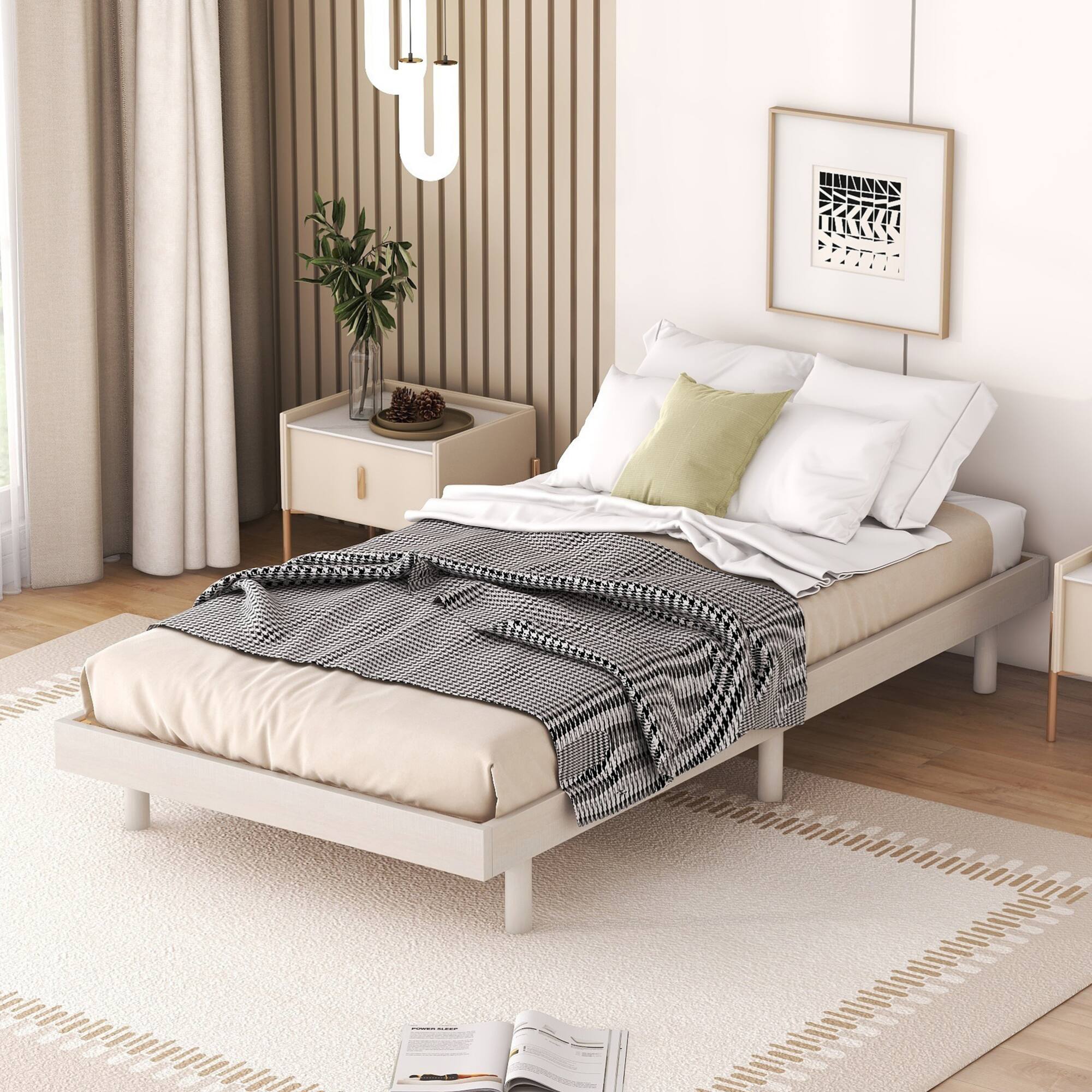 Angle. GOODSILO - Modern Twin Size Floating Platform Bed Frame with Clean Design and Sturdy Construction - White Washed.