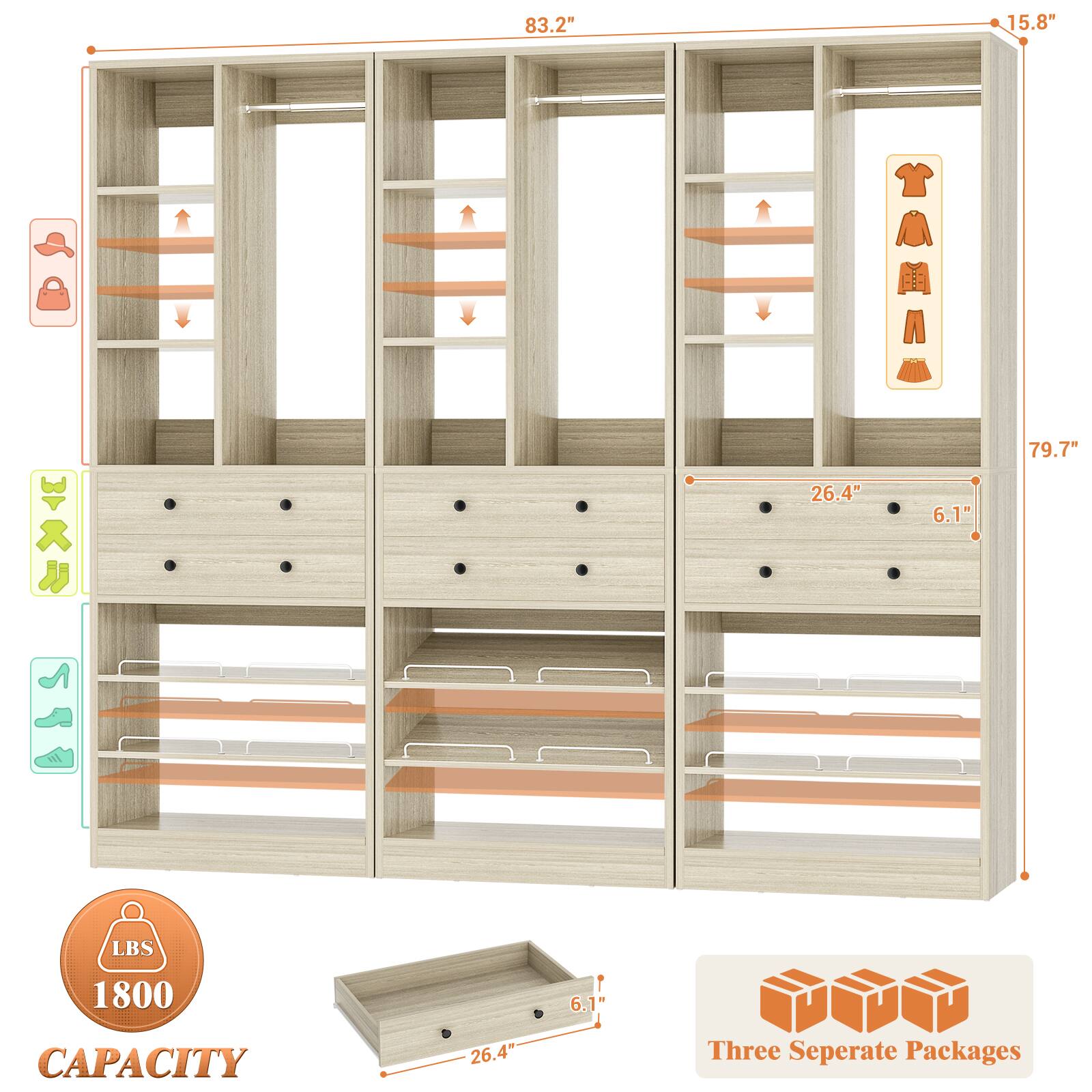 83.2" x 15.8" x 79.7"  
26.4" x 6.1"  
1800 LBS CAPACITY  
Three Separate Packages