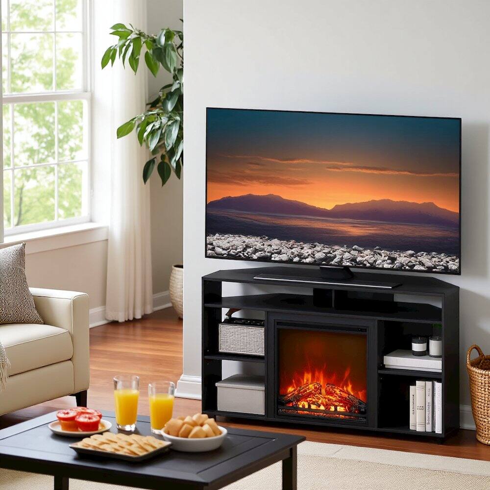 Alt View 1. FurniFact - Black 55 Inch Fireplace TV Stand with Five Shelves and Electric Flame Display - Brown.