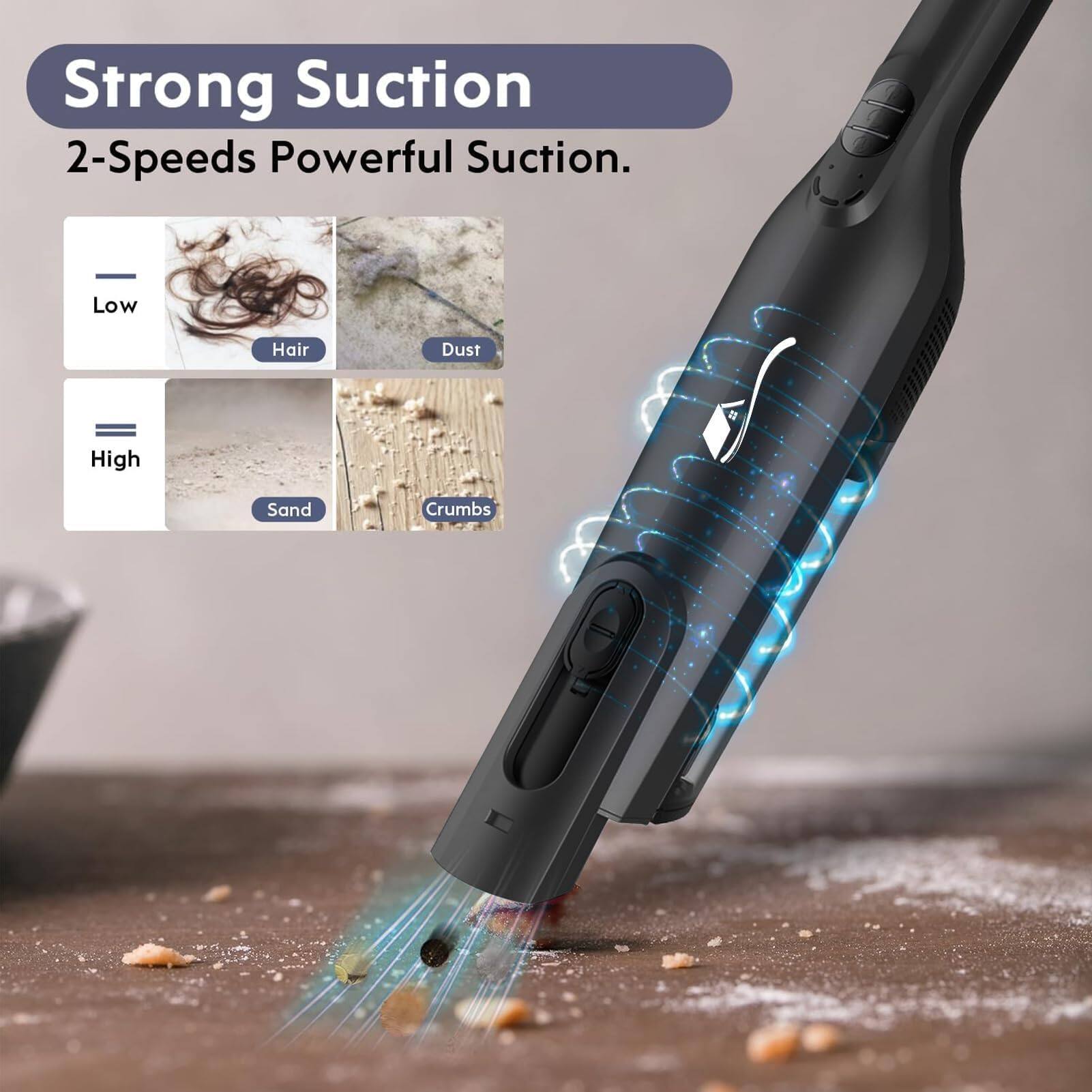 Strong Suction  
2-Speeds Powerful Suction.  

Low  
Hair  
Dust  

High  
Sand  
Crumbs