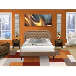 East West Furniture - GB28Q-2GA08 3-Pc Bedroom Set with an Upholstered Bed and 2 Antique Walnut Small Nightstands - Faux Leather and - Brown