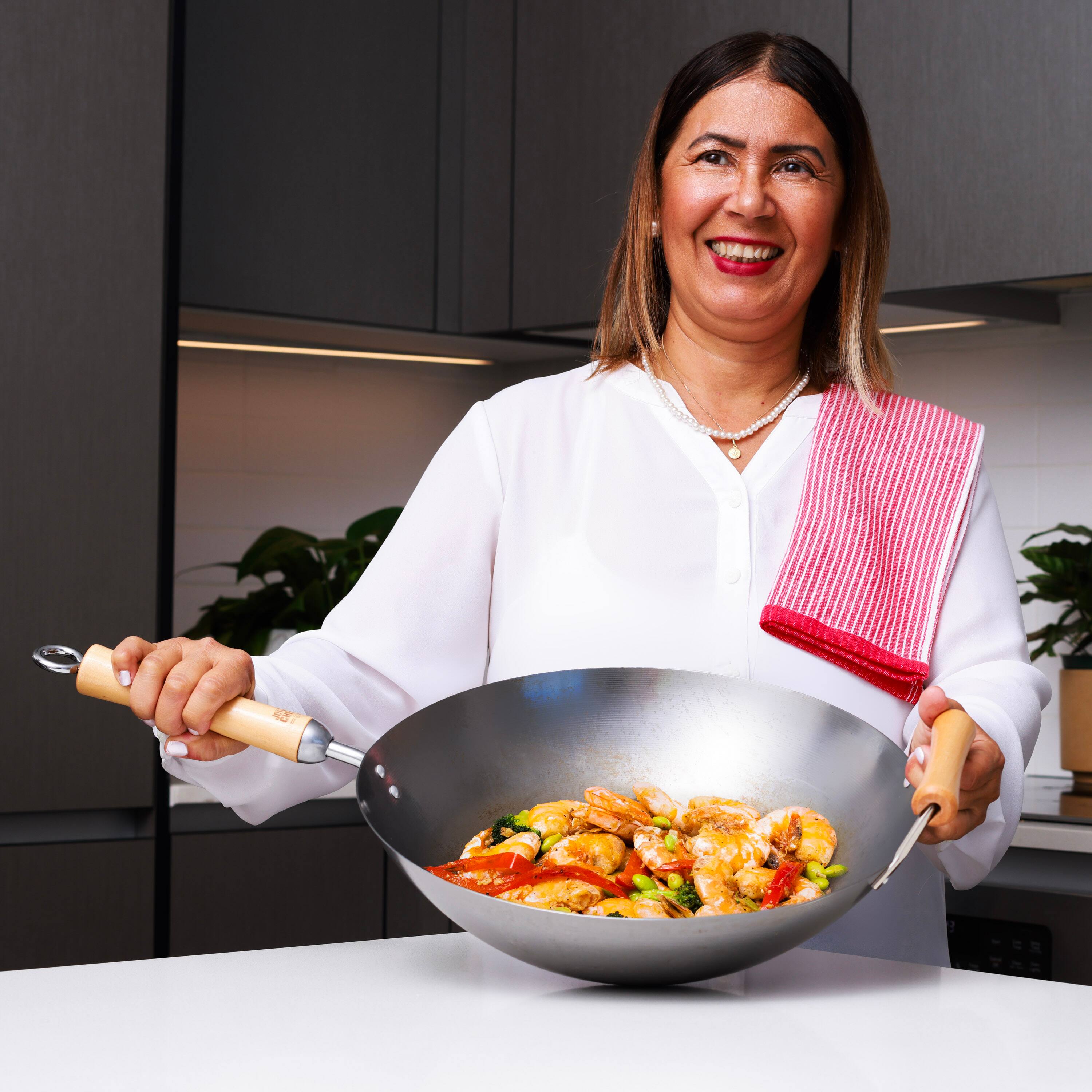 Alt View 5. Escali - Joyce Chen Classic Series 14-Inch Uncoated Carbon Steel Flat Bottom Wok with Birch Handles - Silver.