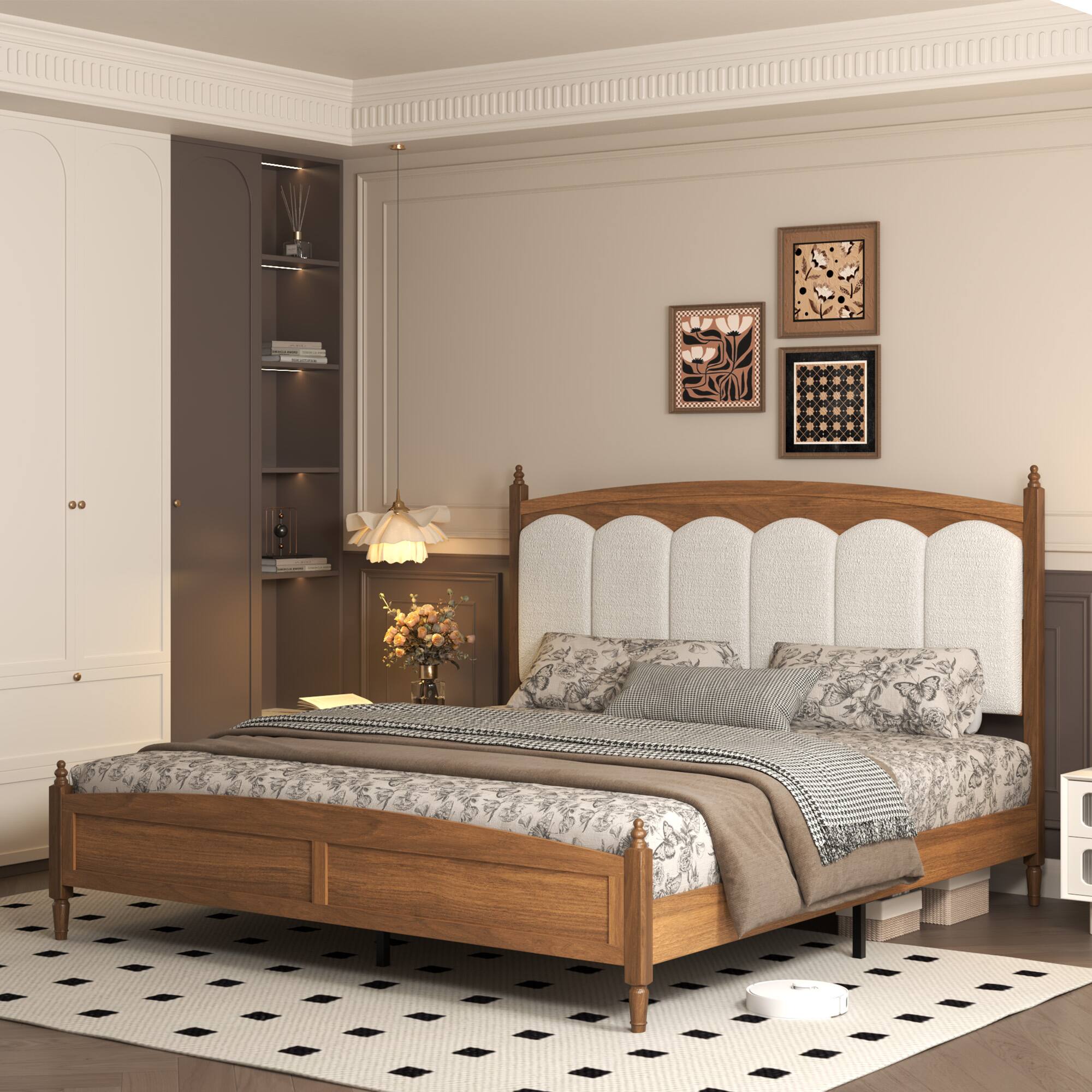 Left. LUCKY ONE - King Size Platform Bed Frame with Upholstered Headboard - Brown.