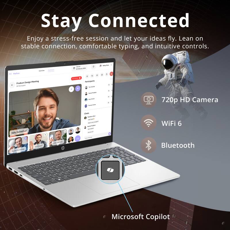 Stay Connected

Enjoy a stress-free session and let your ideas fly. Lean on stable connection, comfortable typing, and intuitive controls.

- Can RE Malloo
- Product Design Meeting
- Participants
- 720p HD Camera
- WiFi 6
- Bluetooth
- Microsoft Copilot