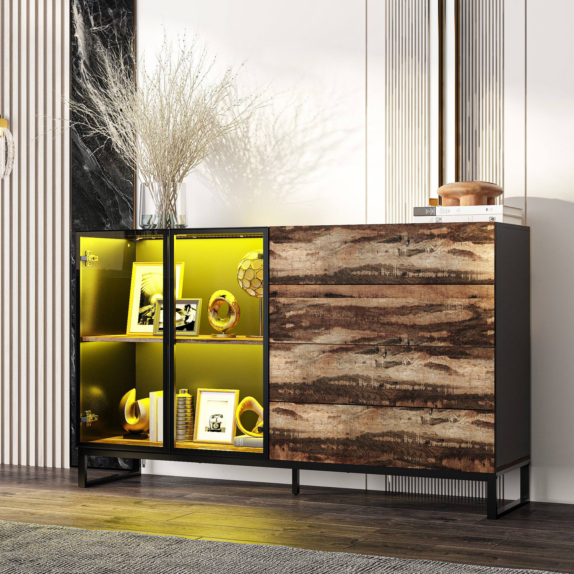 Left. Famapy - LED Lighted Display Cabinet – Glass & Wood Showcase for Collectibles, Figurines, Books, Home Decor - Black & Brown.