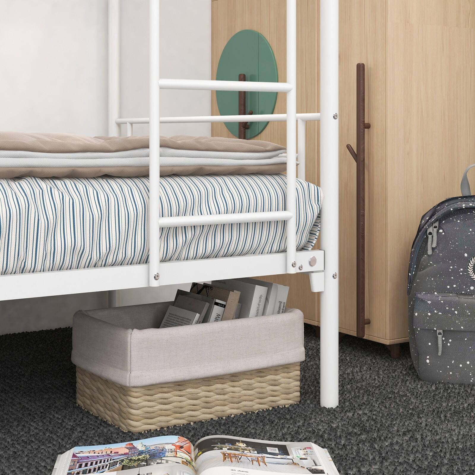 Alt View 6. Ecooso - Twin-Over-Twin Bunk Bed with Metal Frame and Ladder, Space-Saving Design - White.
