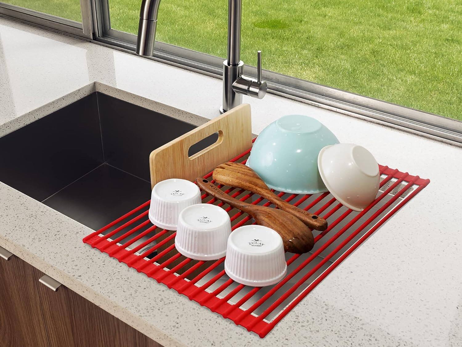 Alt View 3. Zulay Kitchen - Zulay Kitchen Large Roll Up Dish Drying Rack & Trivet (20.5 inches x 13 inches) - Red.