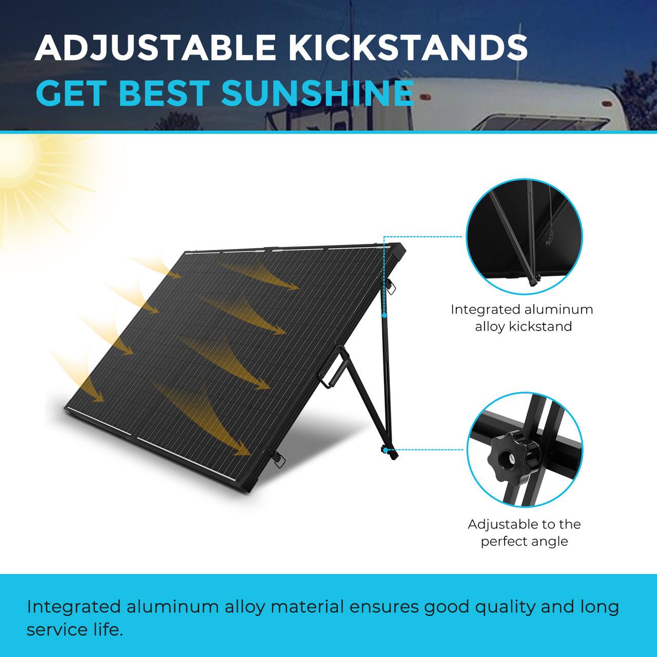 Adjustable Kickstands Get Best Sunshine: Integrated aluminum alloy kickstand that adjusts to the perfect angle. Integrated aluminum alloy material ensures good quality and long service life.