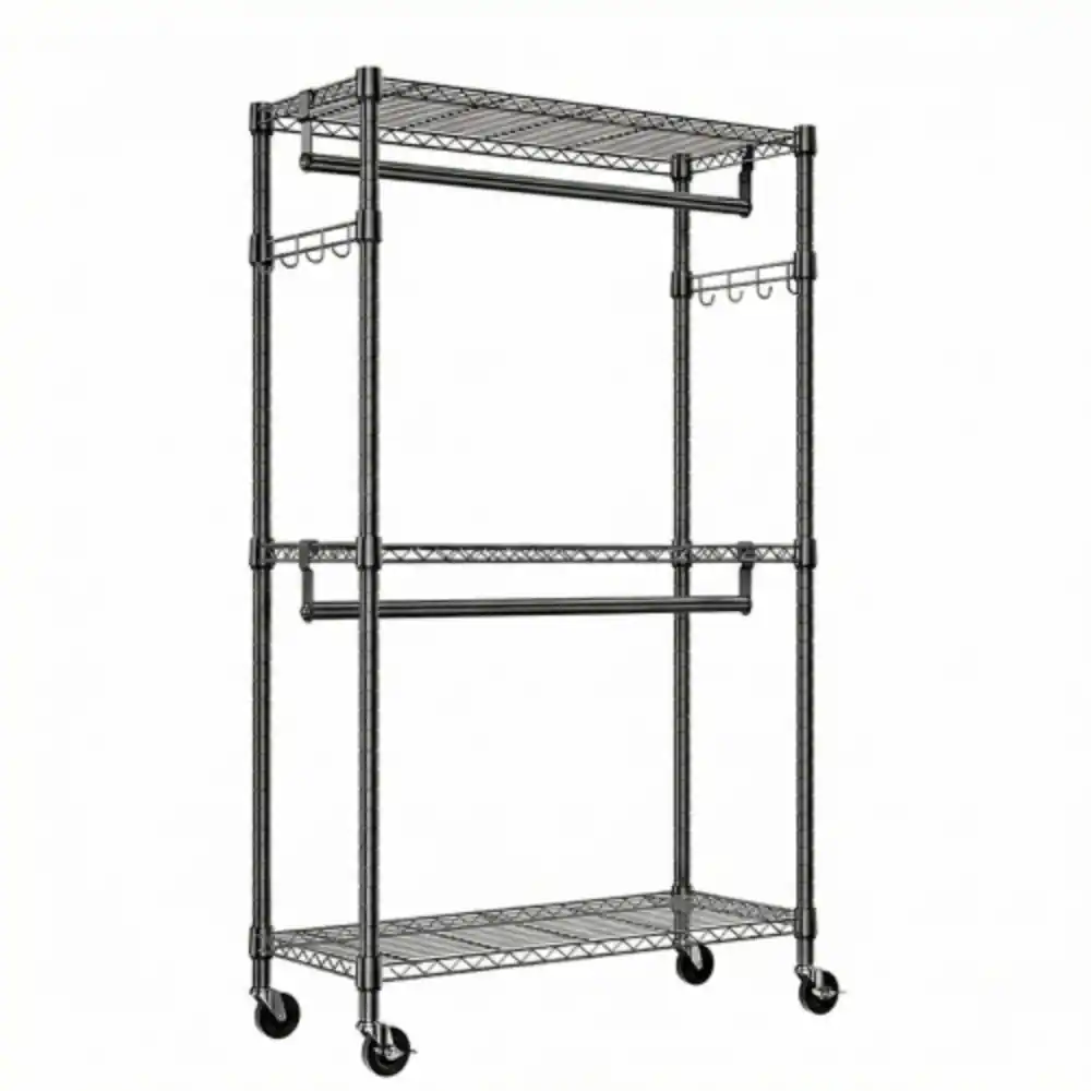 Alt View 4. LUCKY ONE - 74.5" H 3-Tier Heavy Duty Rolling Garment Rack w/ 2 Rods Side Hooks - Black.