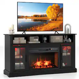 Gymax - Fireplace TV Stand w/ Remote Controls & Thermostat Storage Cabinets - Black