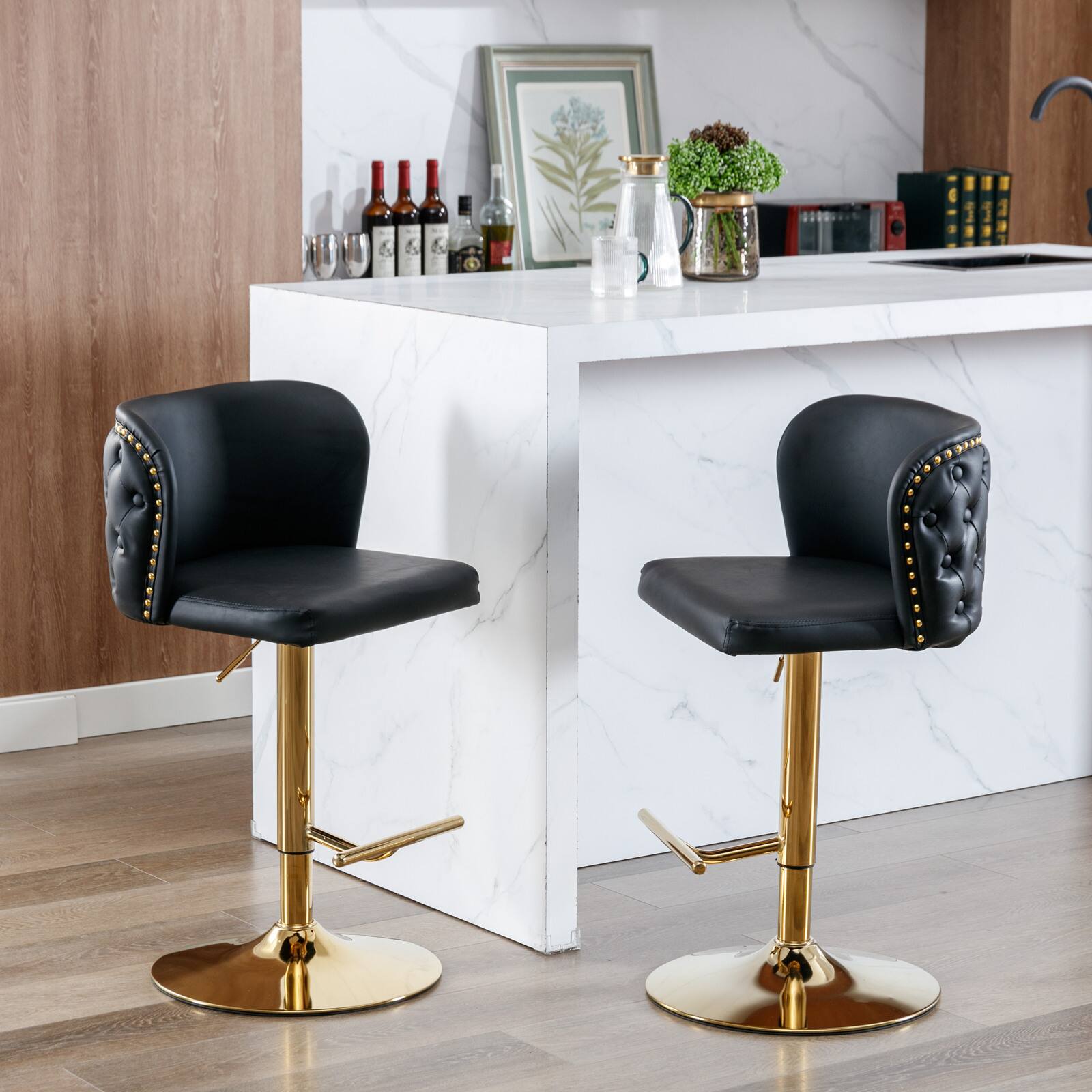 Back. Trinkets Crazed - Swivel Barstools Set of 2, Adjusatble Seat Height with Gold-Plating Base, Classic PU Upholstered Bar Stools - Black.