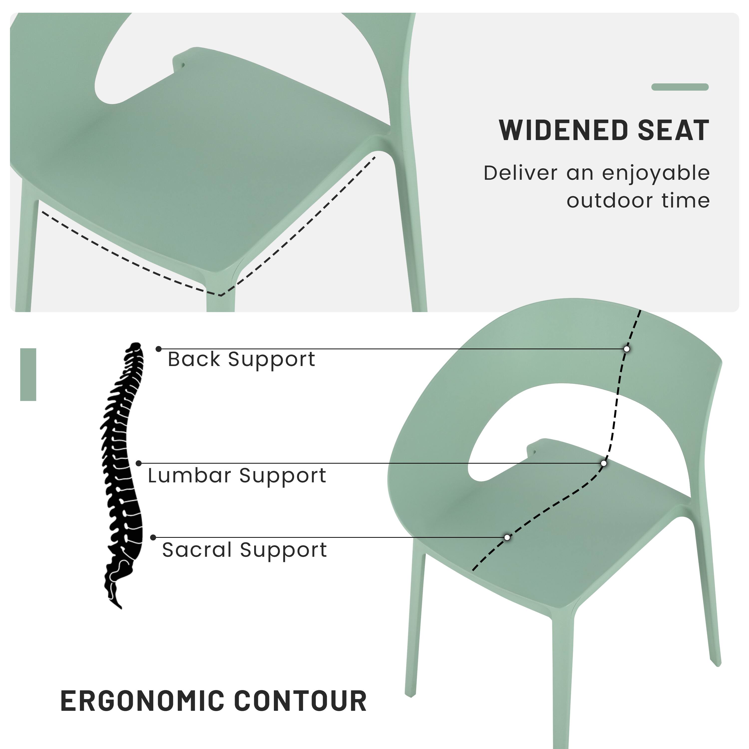 WIDENED SEAT  
Deliver an enjoyable outdoor time  

Back Support  
Lumbar Support  
Sacral Support  

ERGONOMIC CONTOUR