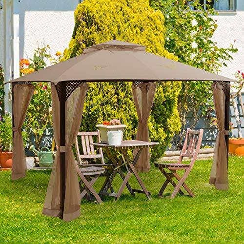 Front. Ecooso - 12 x 10 FT Outdoor Gazebo Tent Double Top Patio Canopy with Netting and Stable Frame - Brown.