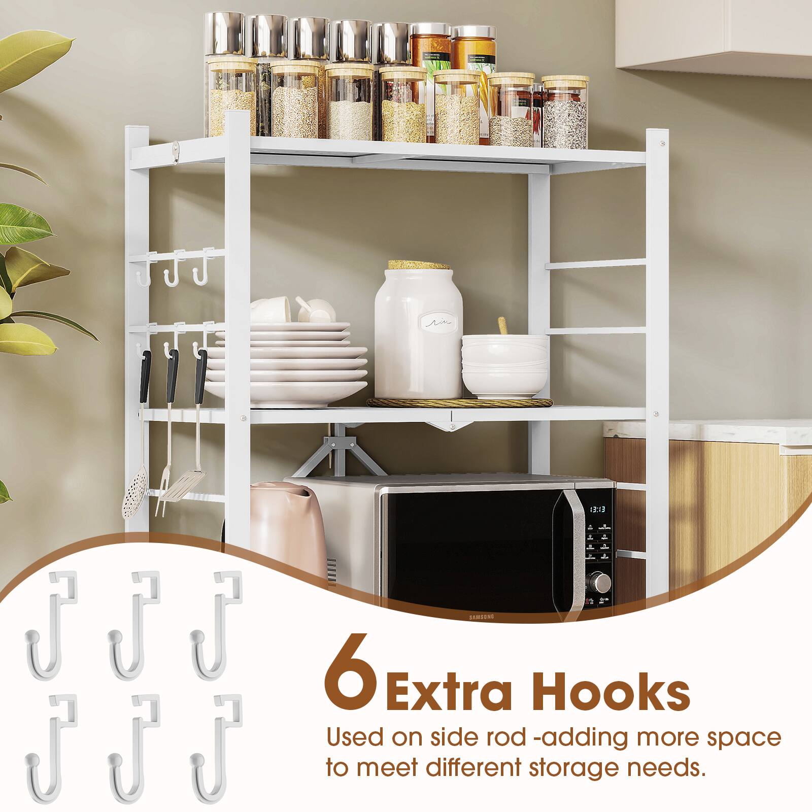 6 Extra Hooks  
Used on side rod - adding more space to meet different storage needs.