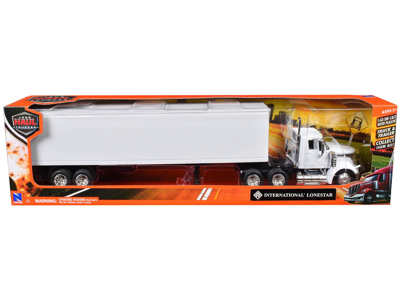 LONG HAUL TRUCKER

AGES 5+  
1:43 DIE-CAST  
WITH PLASTIC TRUCK & TRAILER  
COLLECT THEM ALL!

WARNING: CHOKING HAZARD - Small parts. Not for children under 3 years

INTERNATIONAL LONESTAR