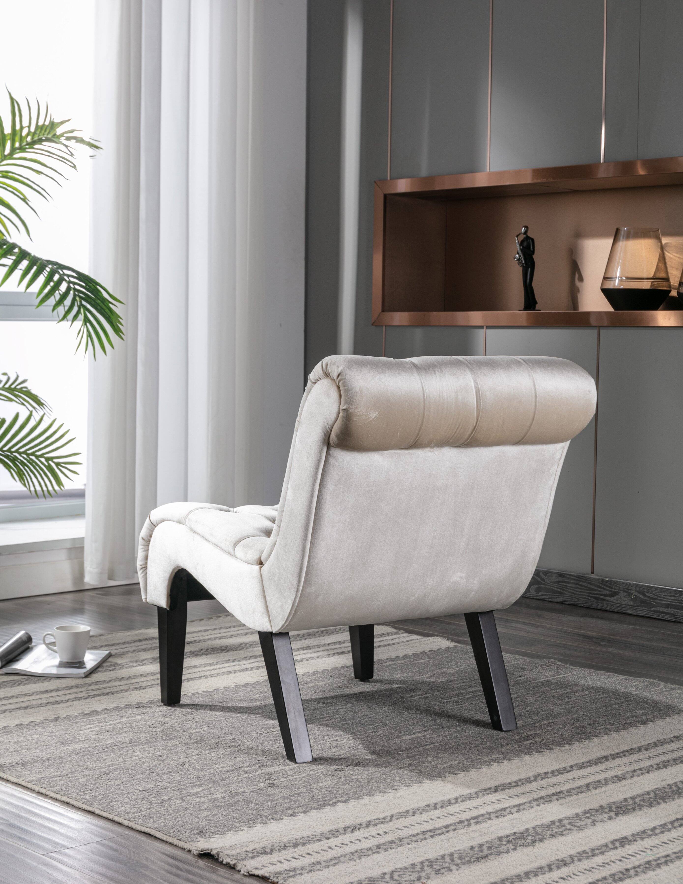 Left. Trinkets Crazed - Velvet Accent Lounge Chair for Living Room, Modern Leisure Chair with Tufted Backrest, Indoor Armless Side Chair - Beige.
