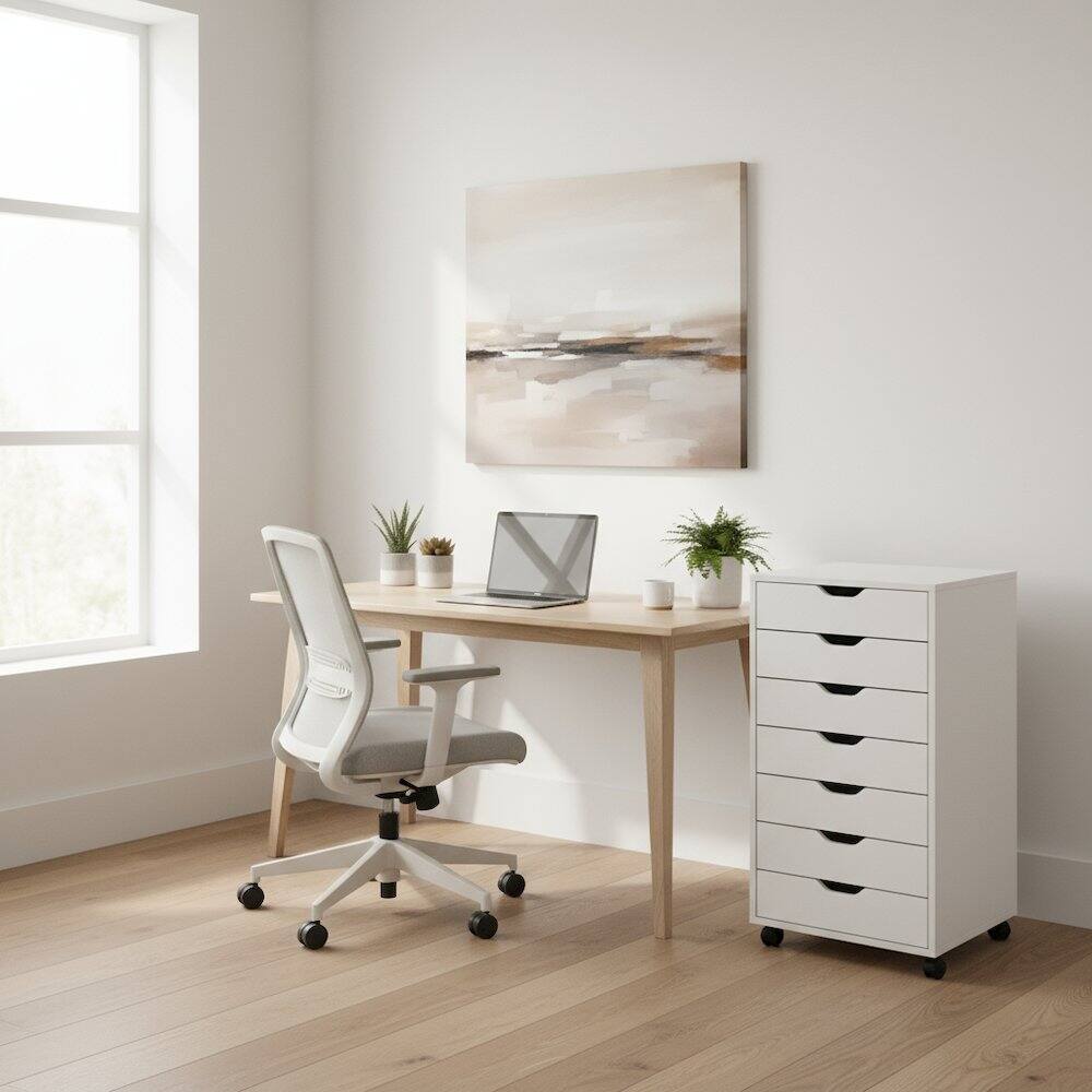 Back. FurniFact - Composite Wood Rolling Storage Cabinet with Easy-Glide Drawers on Casters - White.