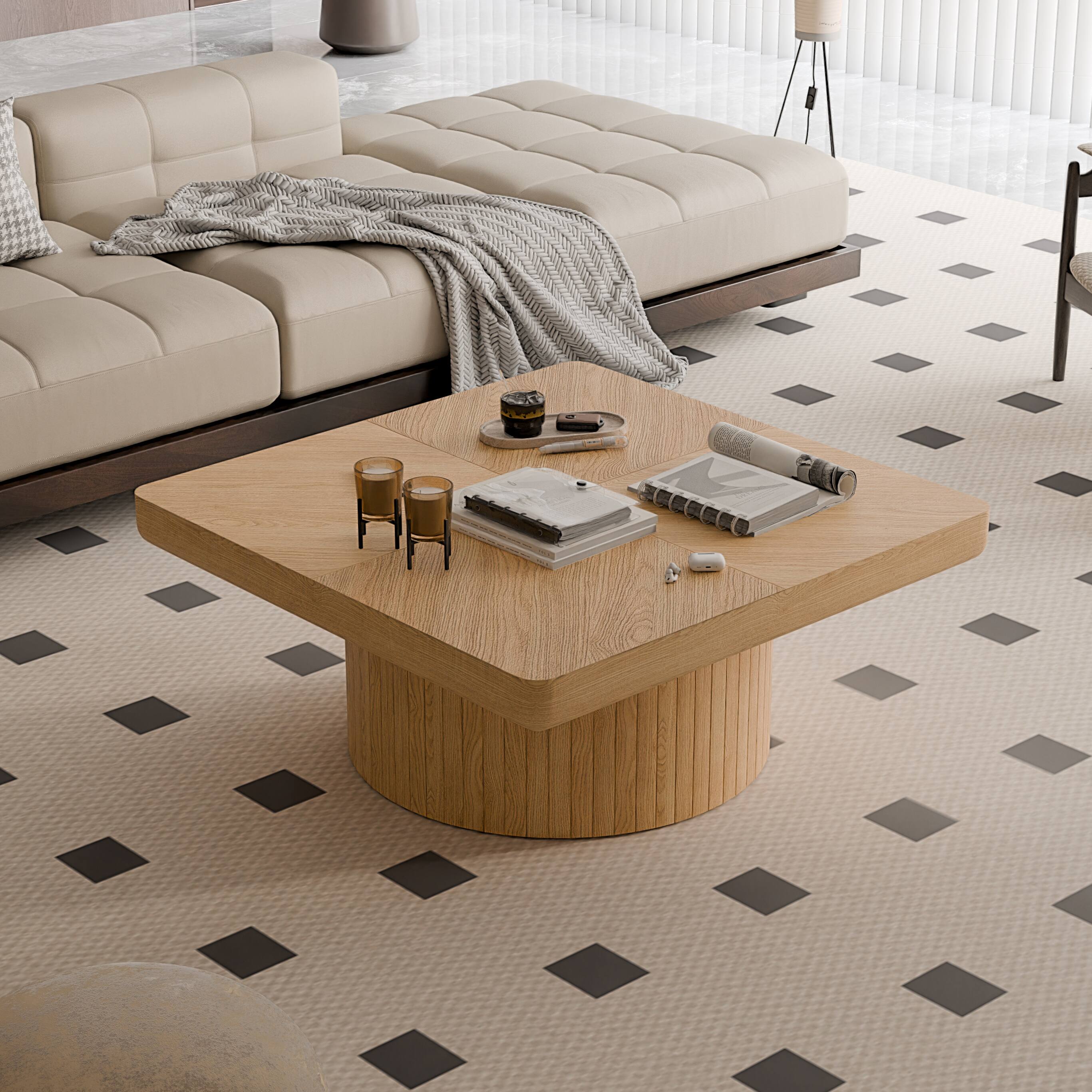 Angle. Loheer - Loheer 34.6 Inch Square Coffee Table Modern Wood Veneer Center Table with Parquet Pattern and Cylindrical Base Natural - Natural Wood.