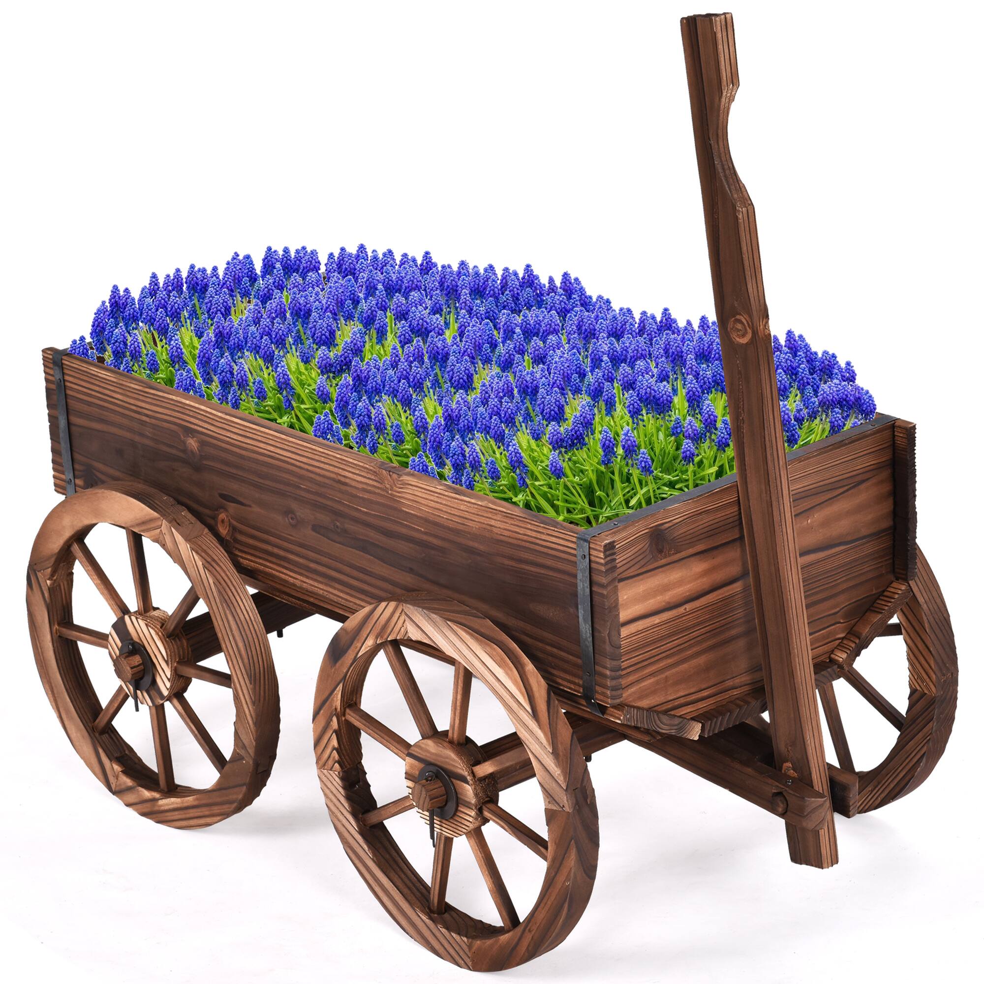 Alt View 1. Costway - Wood Wagon Flower Planter Pot Stand W/Wheels Home Garden Outdoor Decor - Brown.